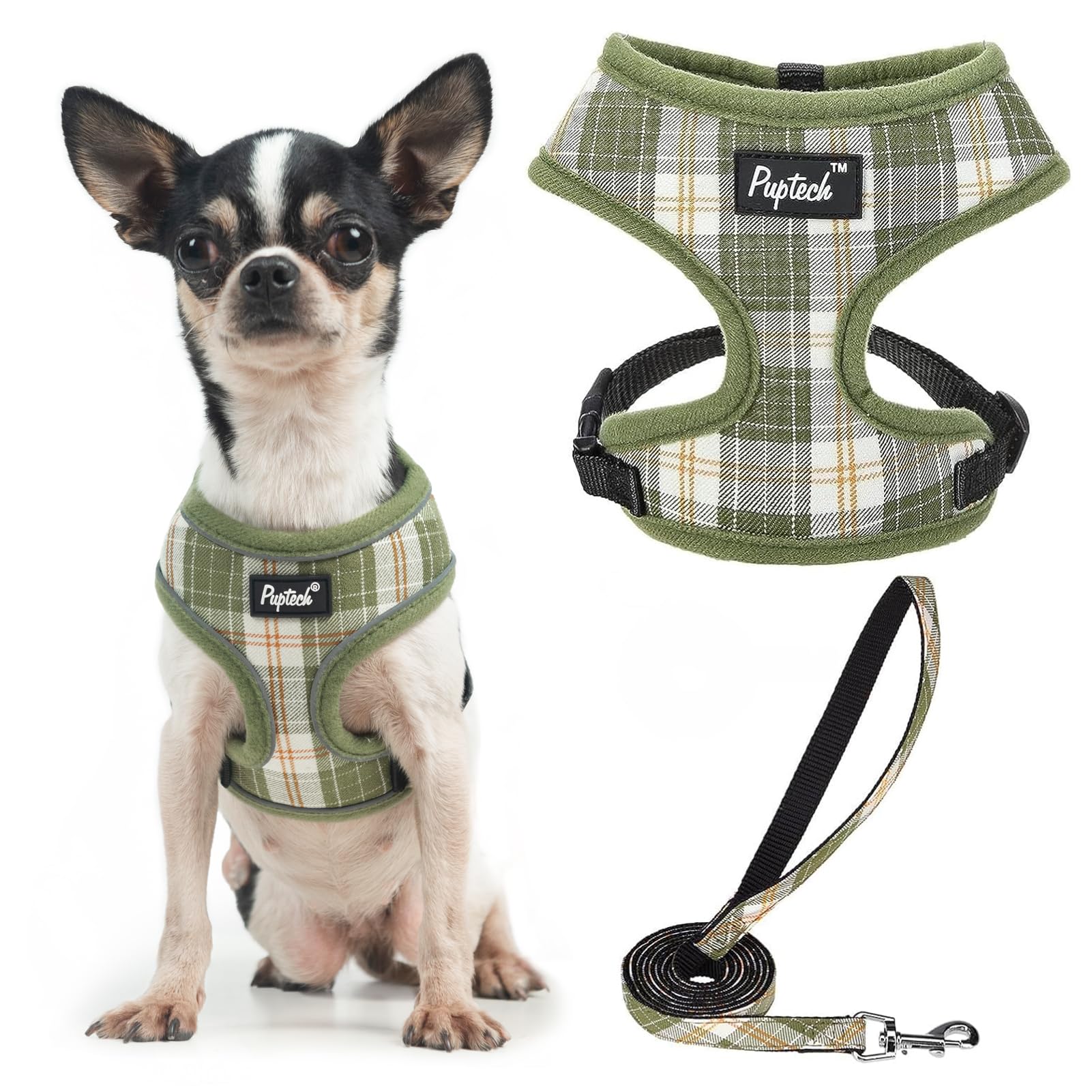 Pupteck Soft Mesh Dog Harness And Leash Set Pet Puppy Cat Comfort Padded Vest No Pull Harnesses, Olive Green, Xs