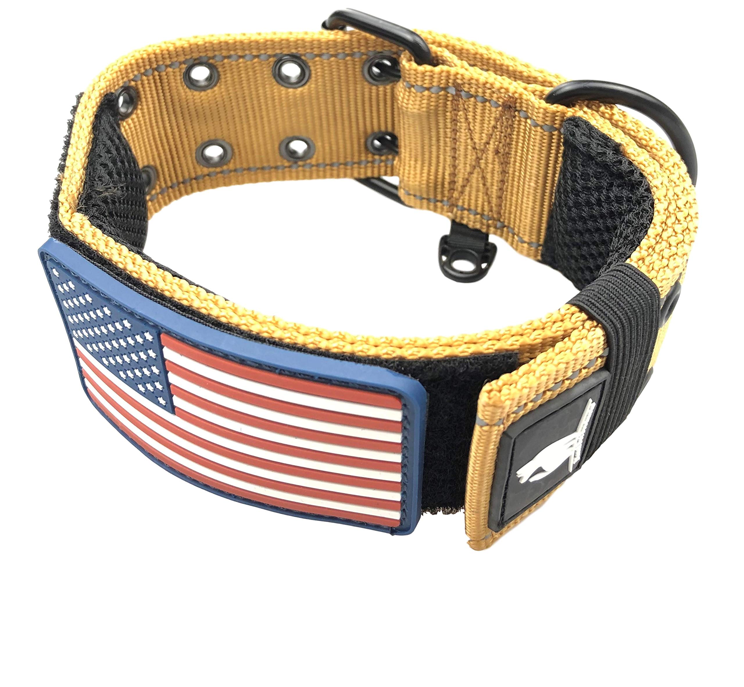 2 Personalized Tactical Dog Collar - Wide Thick Military Style with Strong Belt Buckle Closure - American Flag Patch - Reflectiv