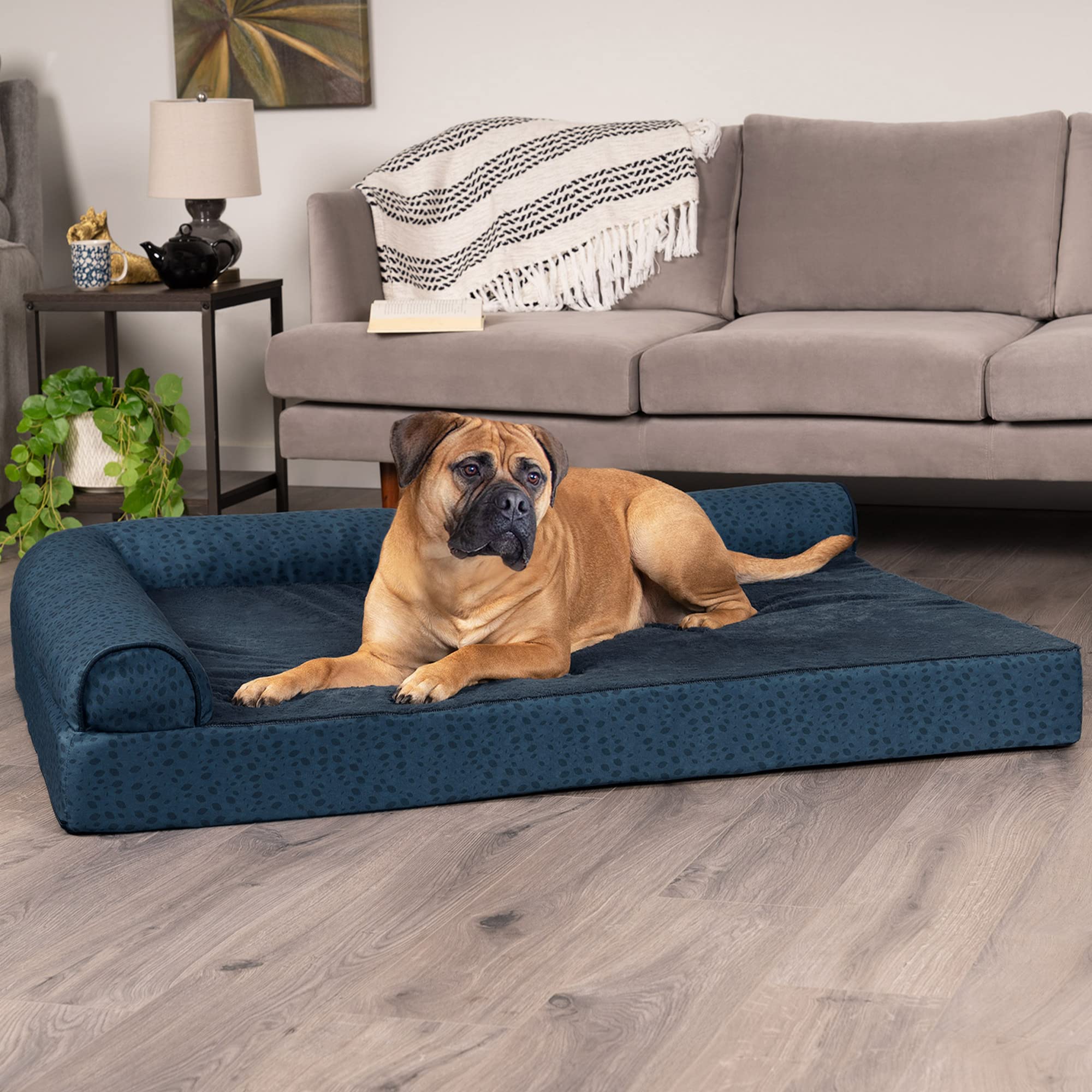 Furhaven Memory Foam Dog Bed for Large Dogs w/ Removable Bolsters & Washable Cover, For Dogs Up to 125 lbs - Plush & Almond Prin