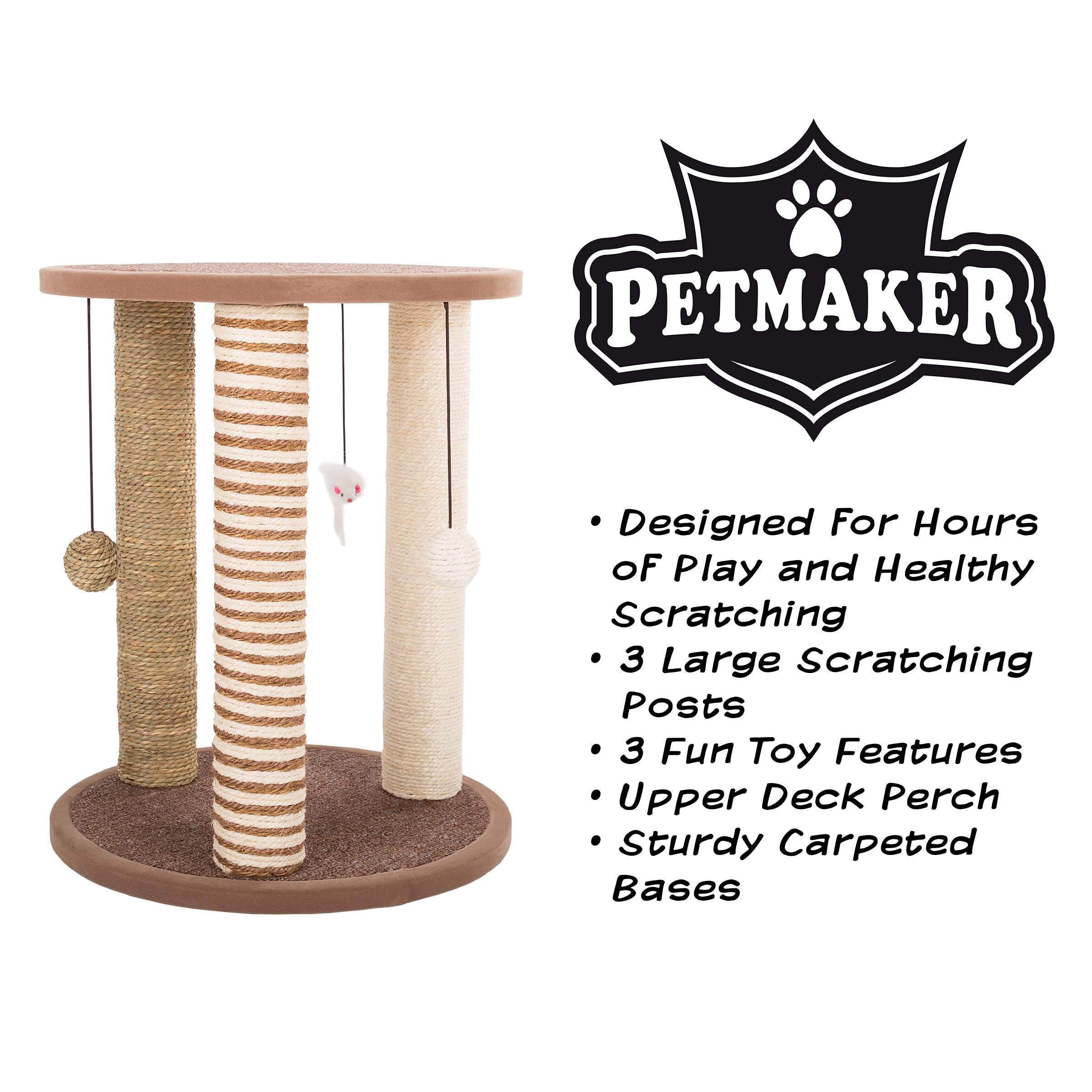 Cat Scratching Post - 3 Scratcher Posts With Carpeted Base Play Area And Perch - Furniture Scratching Deterrent For Indoor Cats