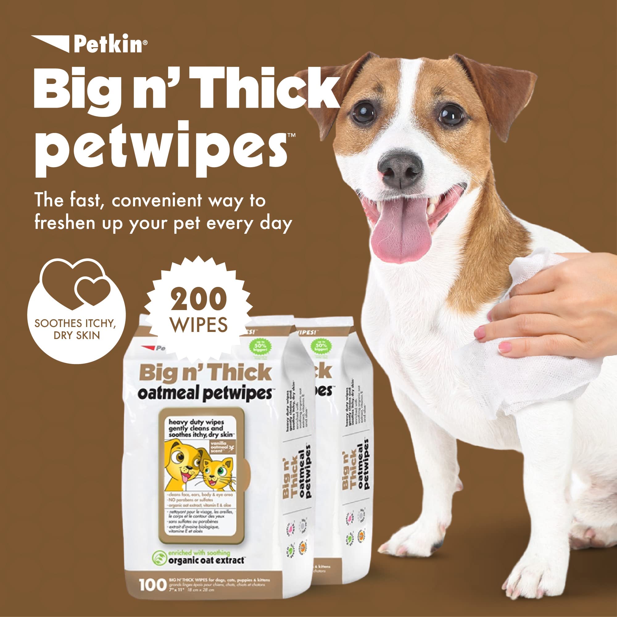 Petkin Pet Wipes For Dogs And Cats, 200 Wipes (Large) - Oatmeal Pet Wipes For Dogs And Cats - Soothes Itchy Dry Skin And Cleans