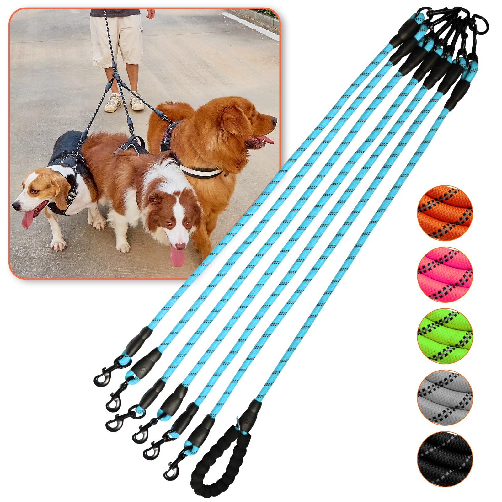 Double Leashes - 6 Way Leash For 6 Dogs With Reflective Swivel, Walking & Training