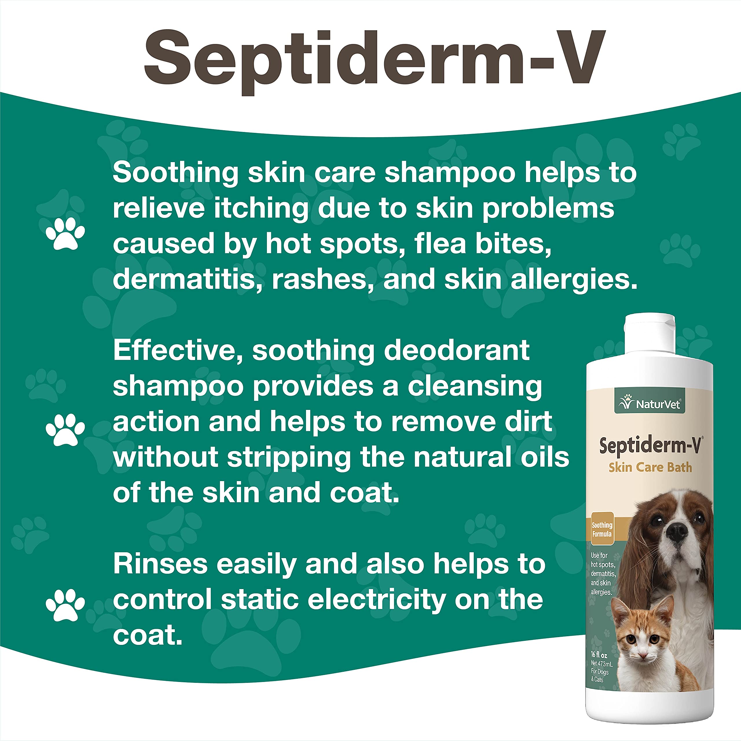 Naturvet Septiderm-V Skin Care Bath Wash For Dogs & Cats – Pet Health, Dog Skin, Itching, Hot Spots – Pet Shampoo, Grooming Aid – 16 Oz.