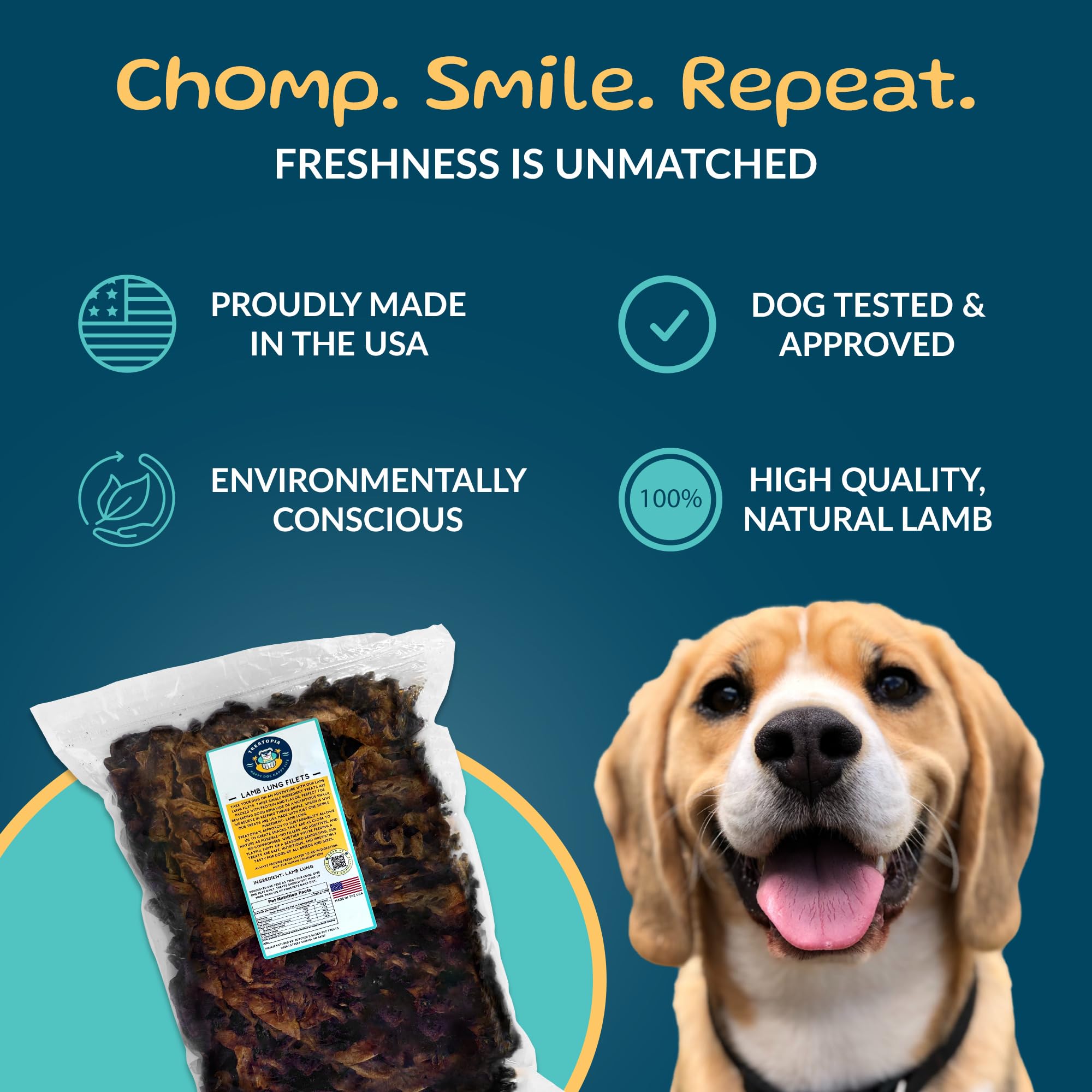 TREATOPIA Lamb Lung Filet Dog Treats, 4 LB Bag - All-Natural, Sustainable, Healthy, High Protein, Hand-Trimmed, Slow-Roasted, Ma