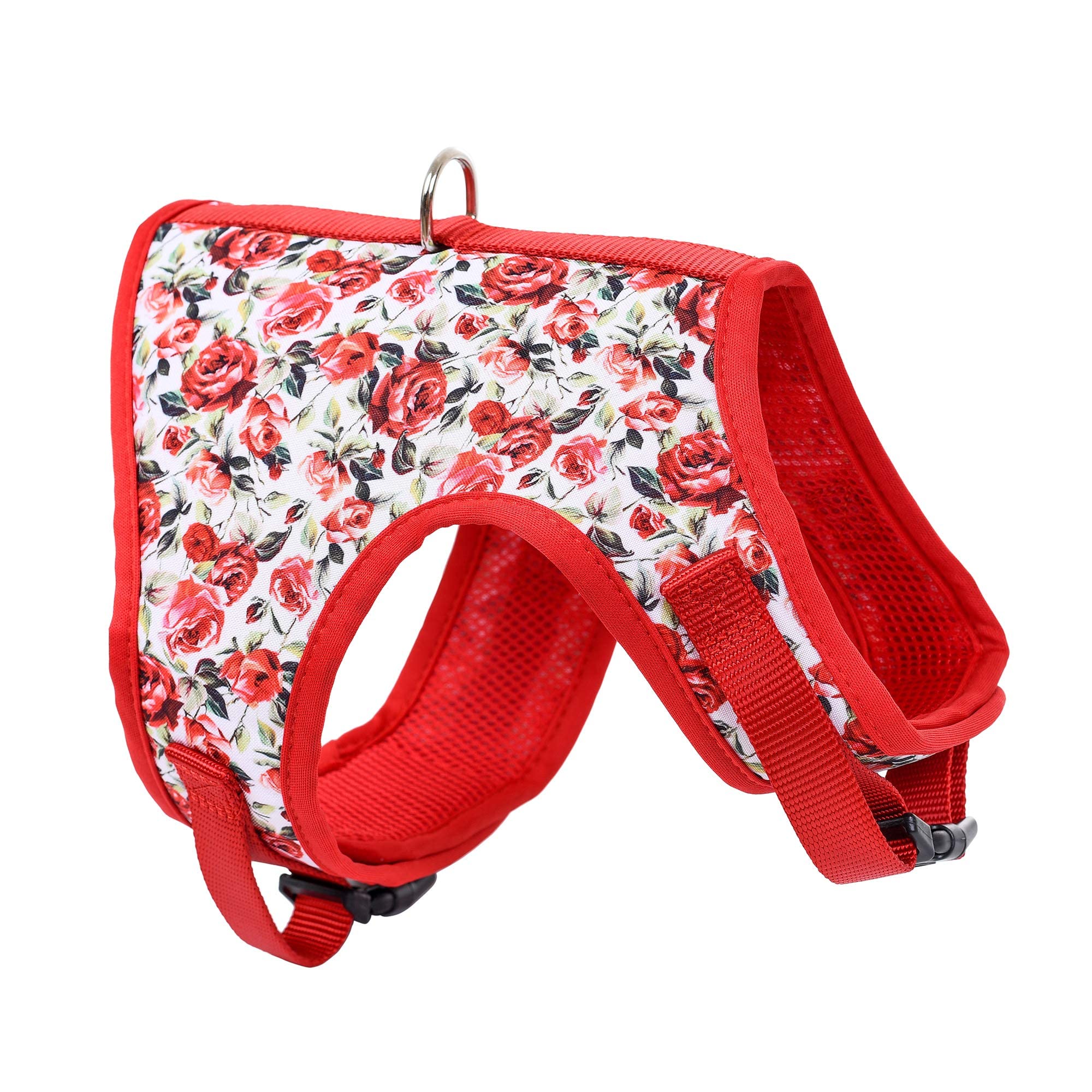 Mile High Life | Easy Get On Air Mesh Vest Harness | Spring Floral Collection | Adjustable Easy Closures Both Neck And Chest |20 Lbs Small Dogs & Cats | Red Rose | M Chest Size (18'-20')