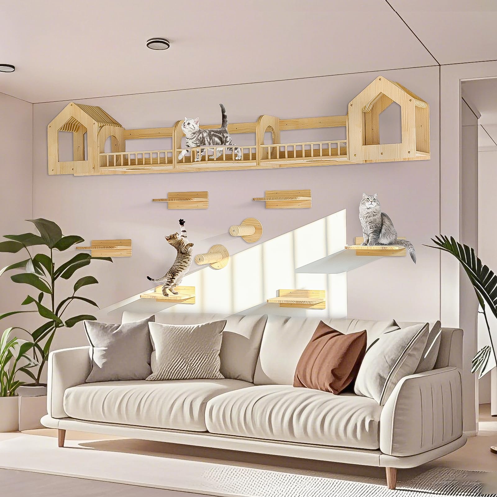 Cat Wall Shelves and Furniture Set with Condos, Perches, Bridge Ladders, Sisal Scratching Posts - Steps and Houses for Cats (D)