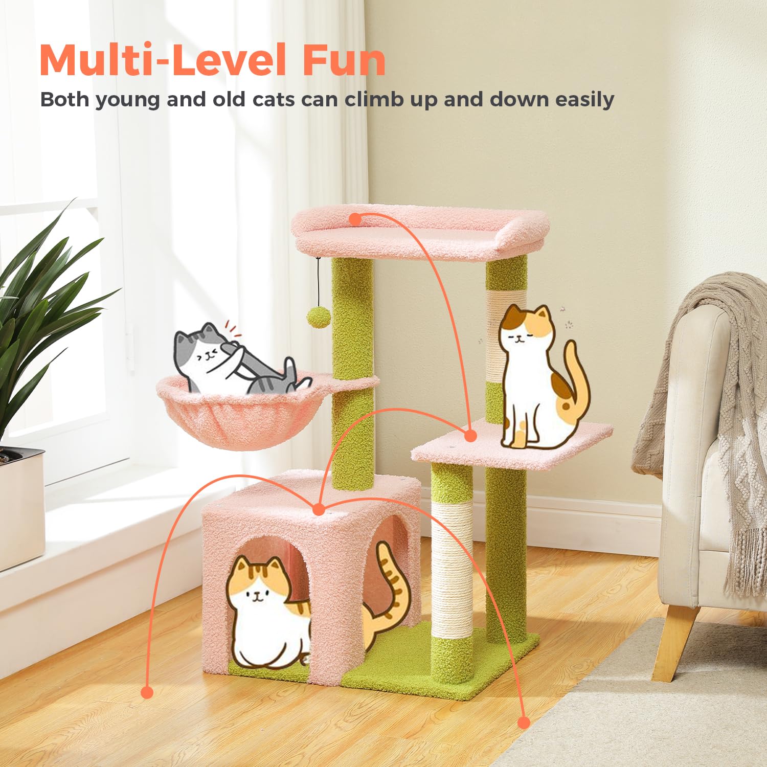 Uymi Pink Cat Tree For Indoor Cats With Metal Frame Carpet Hammock, 32 Cute Cat Tower With Cozy Condo, Top Perch, Scratching P
