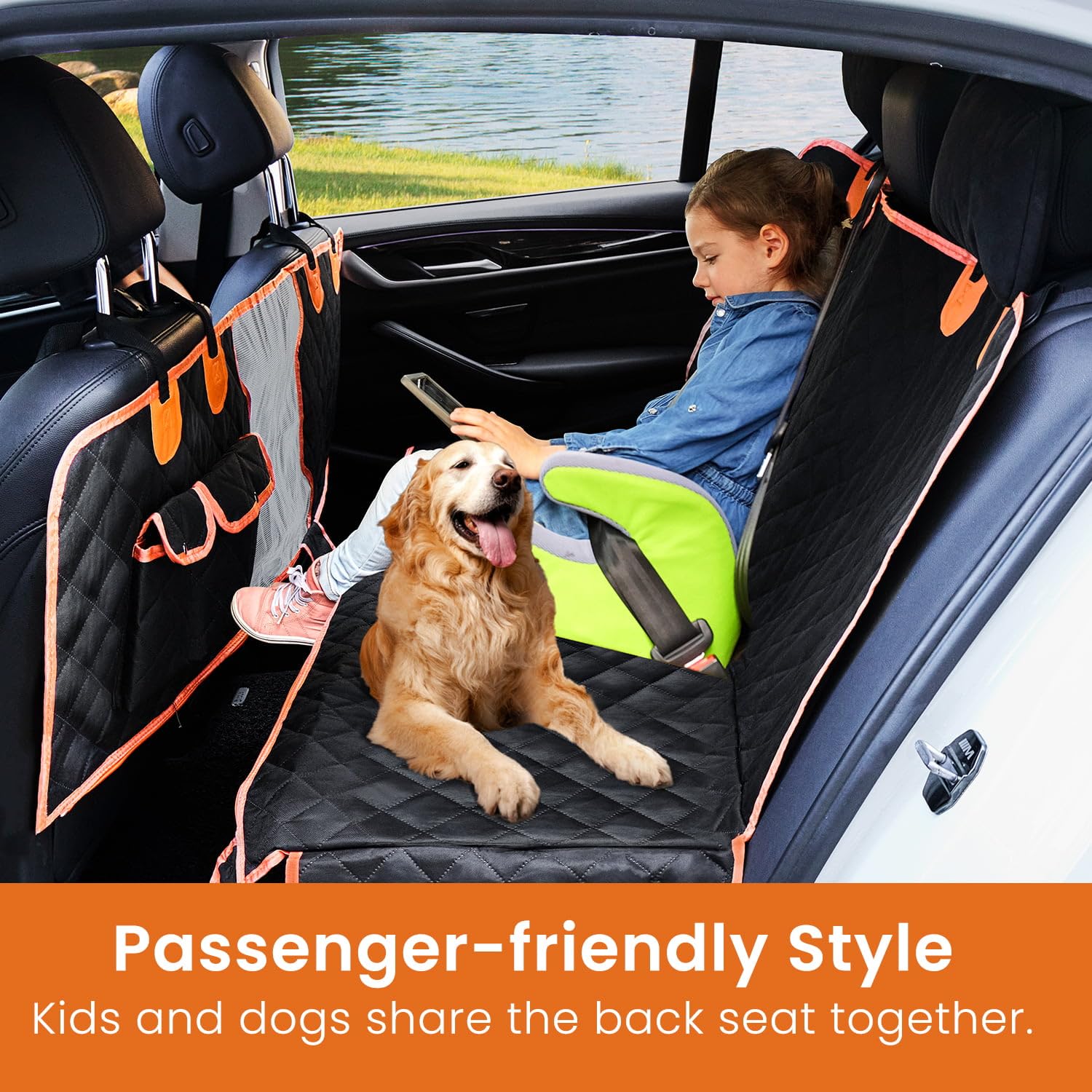 Depota Dog Seat Cover For Back Seat - Waterproof Car Seat Protector, Nonslip, Standard 54'' W X 58'' L (Black/Orange)