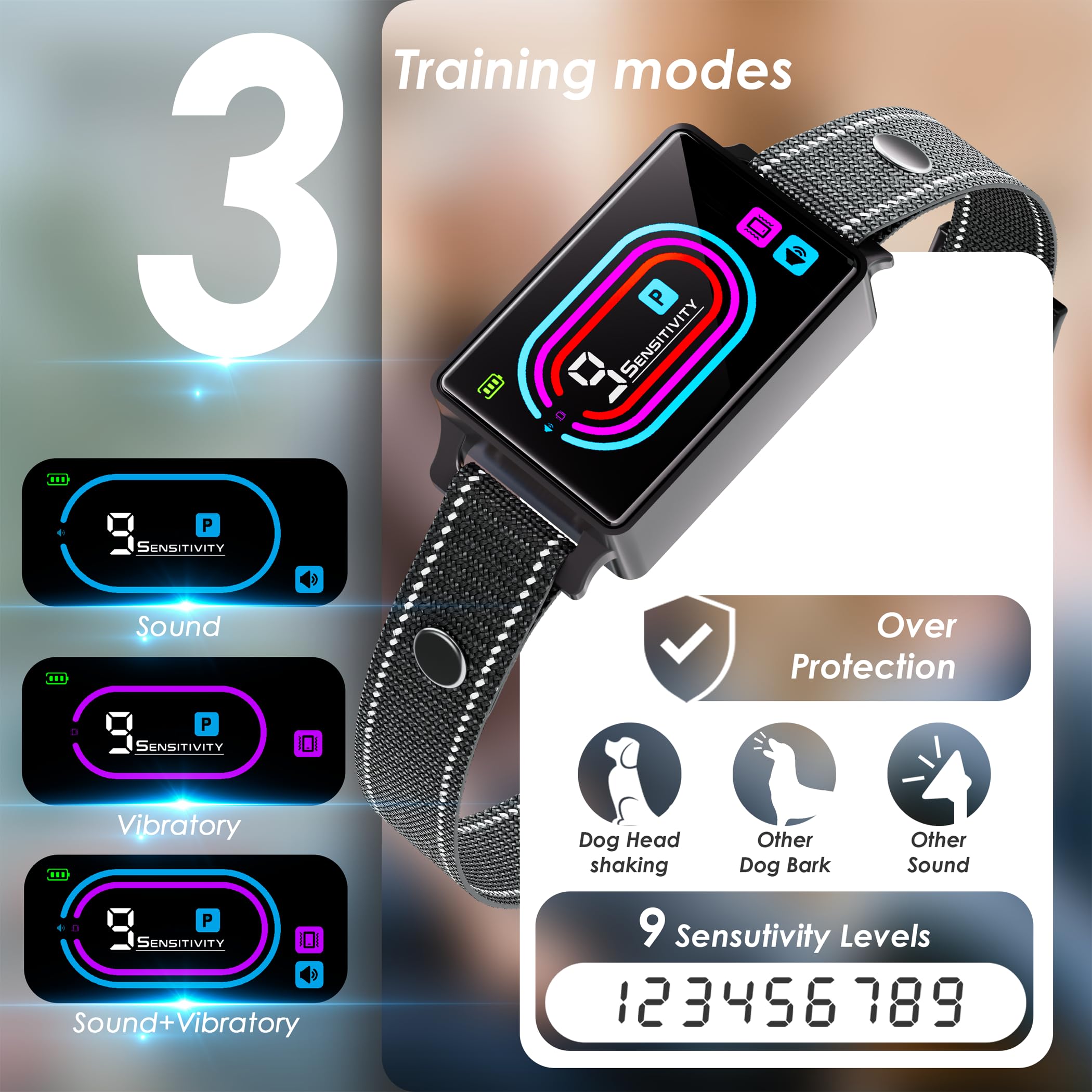 Zaguren Dog Bark Collar, 2025 Smart Bark Collar For Dogs Large Medium Small 5-130 Lbs, Bark Collar 9 Adjustable Sensitivity 5 Tr