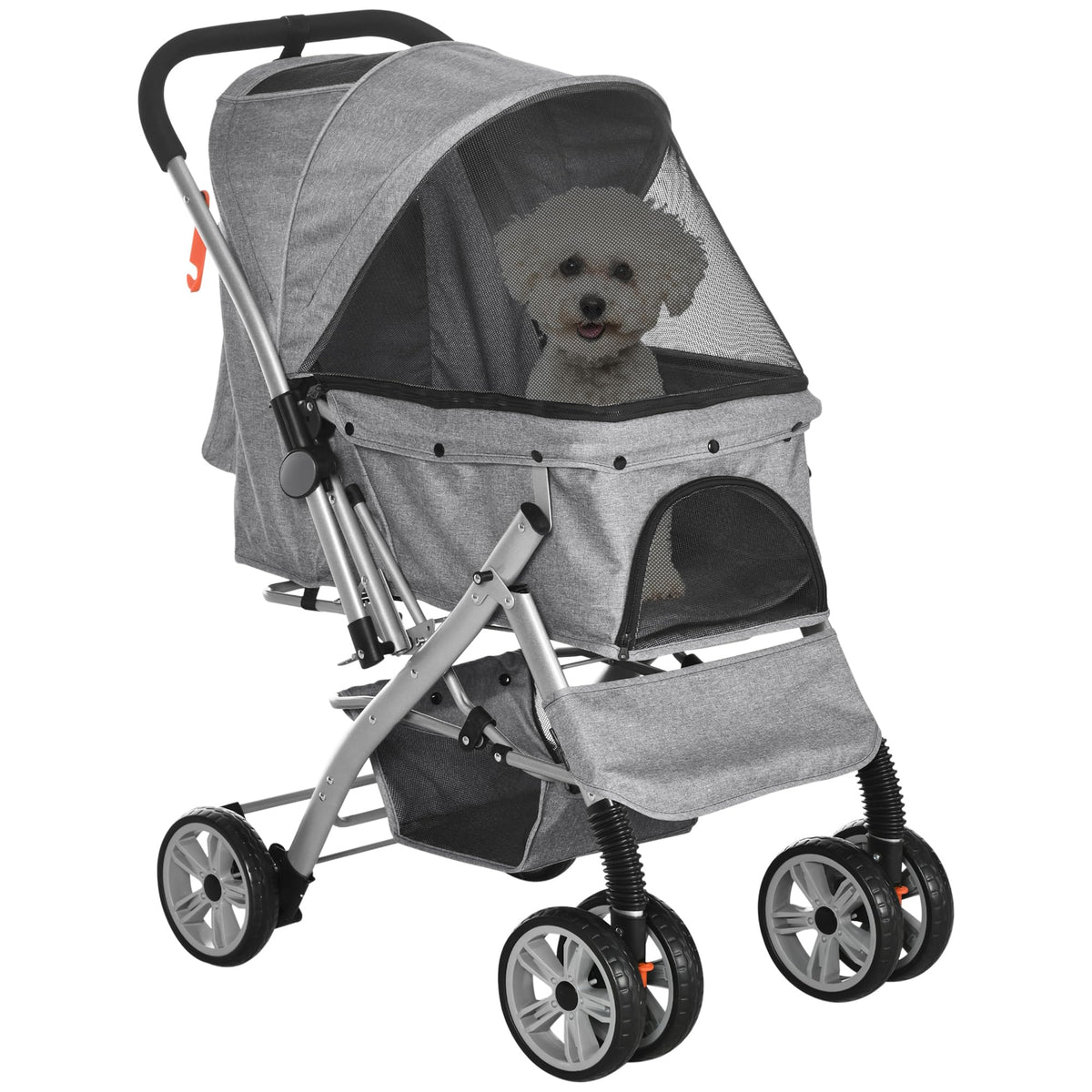 Pawhut Dog Stroller For Small Dogs Cats, 4 Wheels One-Click Fold Pet Stroller With Swivel Wheels, Brake, Basket Storage, Safety Belts, Adjustable Canopy, Zippered Mesh Window Door, Gray