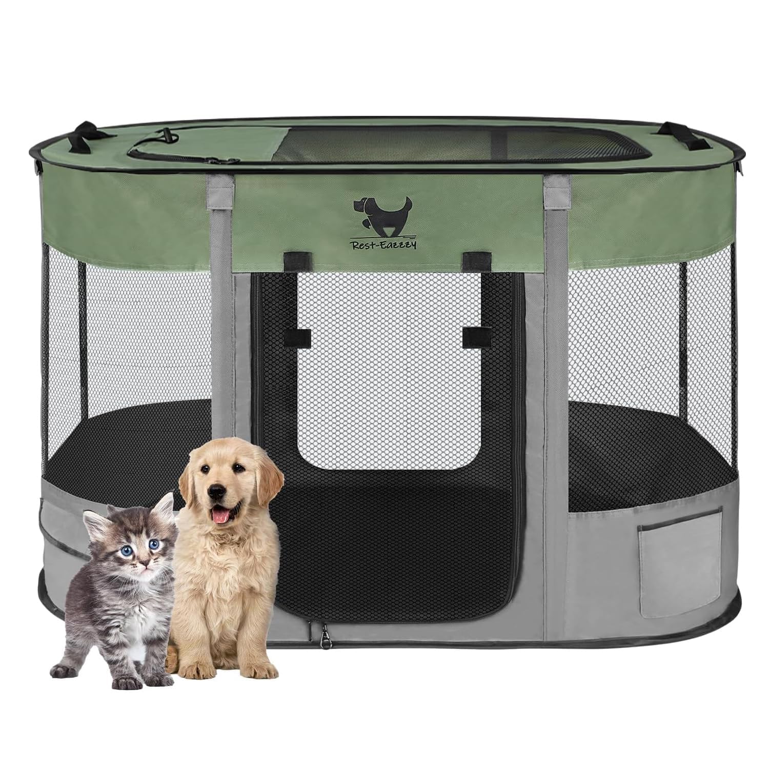 Rest-Eazzzy Dog Playpen, Foldable Kitten Playpen For Medium Dogs, Portable Pet Puppy Playpen With Removable Shade Cover, Indoor 
