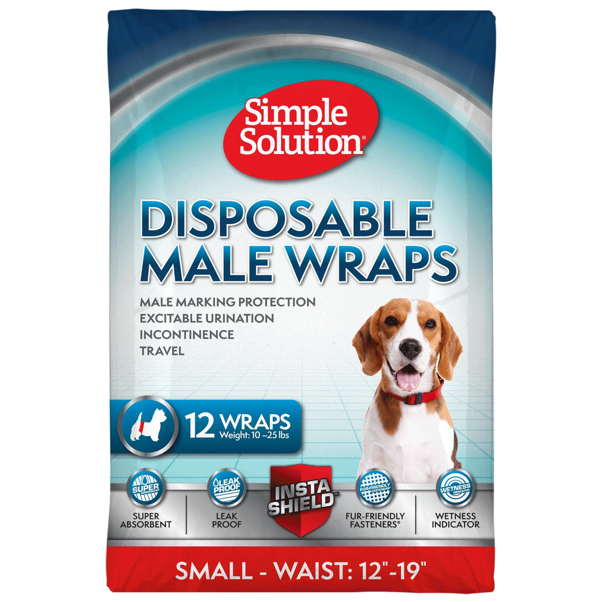 Simple Solution Disposable Dog Diapers Wraps For Male Dogs, True Fit, Absorbent, Leak Proof With Wetness Indicator, Puppy And Doggie Diaper For Peeing, For Small Pets, 12 – 19 Inch Waist, 12 Count