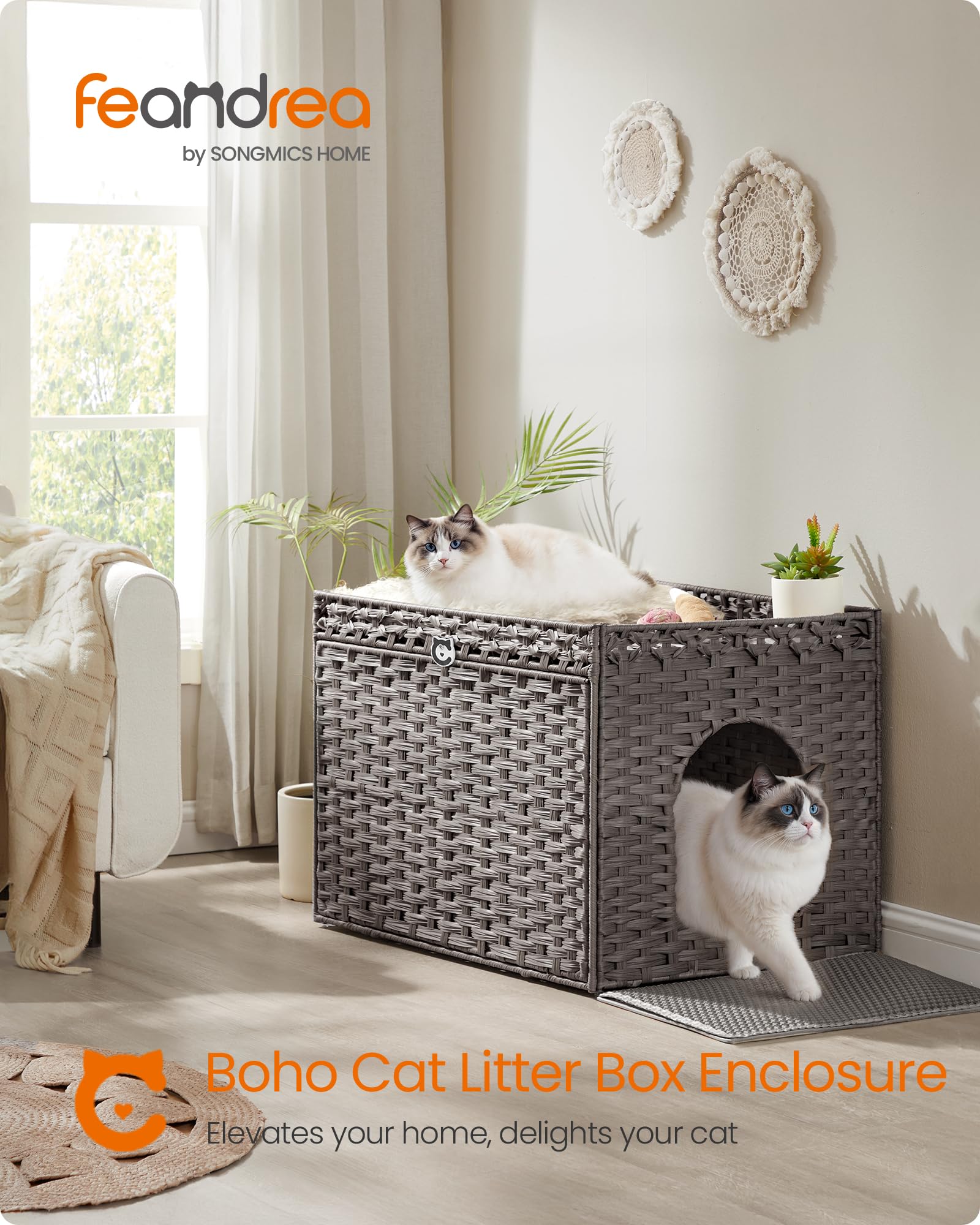 Feandrea Cat Litter Box Enclosure, Handwoven Rattan, Dove Gray, 27.5" L x 20.5" W x 22" H, Removable Tray,