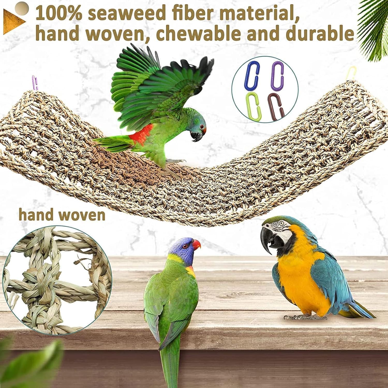 2Pcs Bird Seagrass Mat 29.5  7'' Natural Grass Woven Net Hammock With Hooks Climbing Rope Ladder Chew Toys Hanging On Parrot Cag