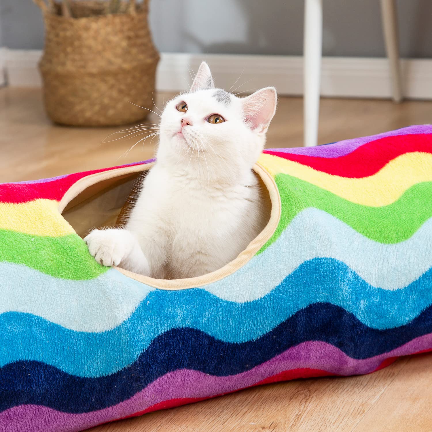 Luckitty Cat Tunnel -Straight-Shaped, Rainbow Wave Color, Soft Velvet Exterior, Oxford Fabric Fog-Proof Interior, Plush Toy Ball, Easily Washable, Conveniently Foldable, 47.2In/120Cm