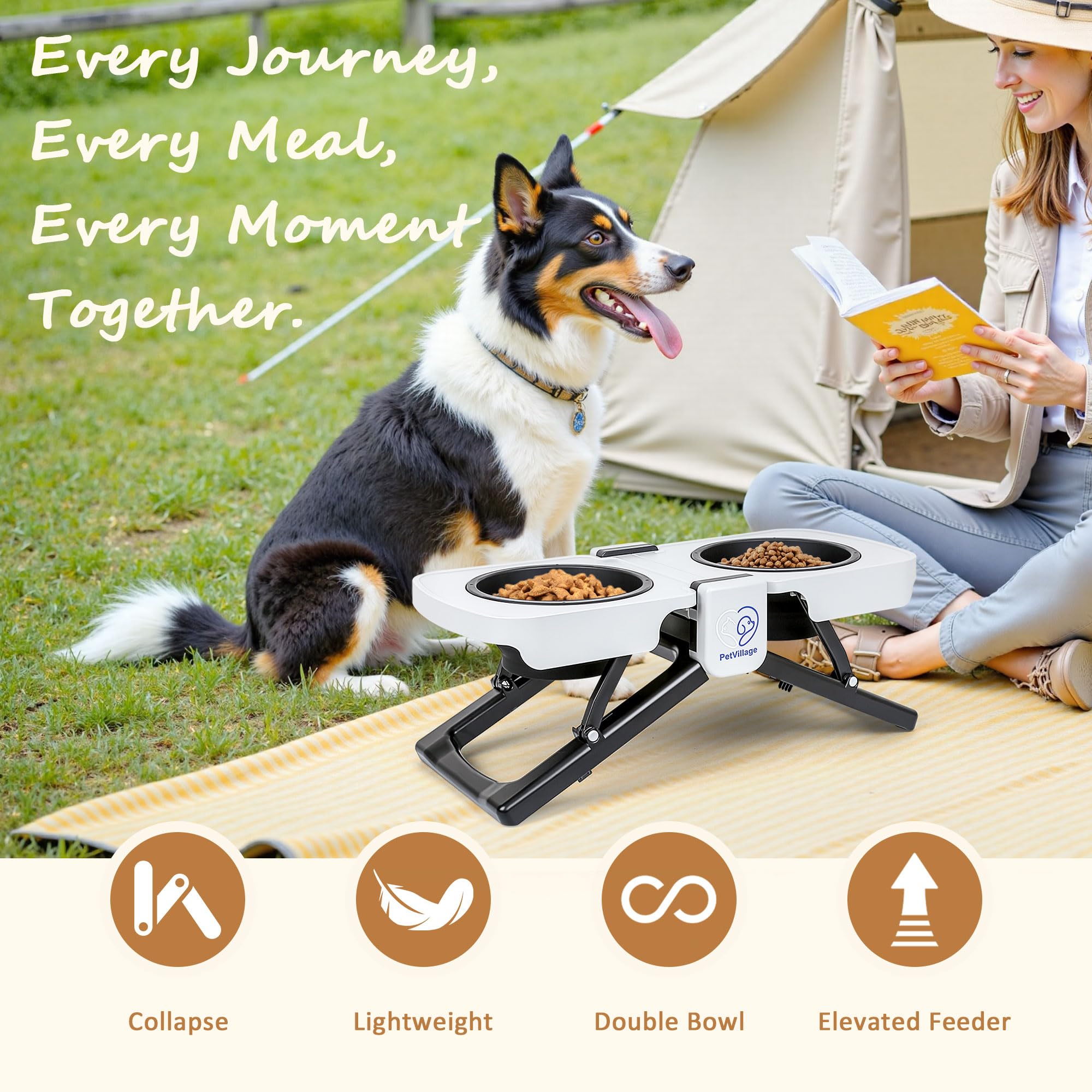 Portable Foldable Elevated Dog Bowls Stand With Dual Dishes, Compact Travel Pet Feeding Table For Dogs (5 Cups Capacity)-Lightwe