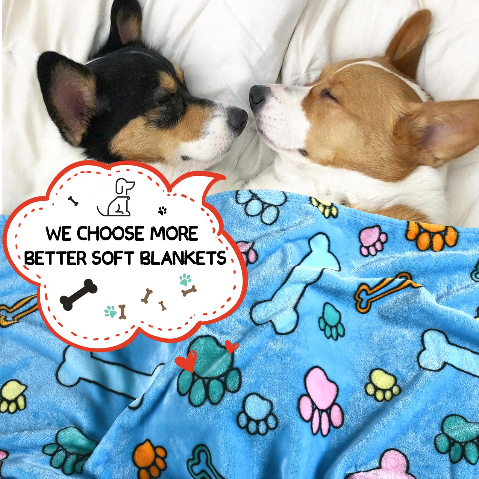 Soft Fuzzy Dog Blankets, 3 Pack - Large, Medium, Cat - Comfort Flannel, Reversible Print, 41 X 31 Inch, Blue