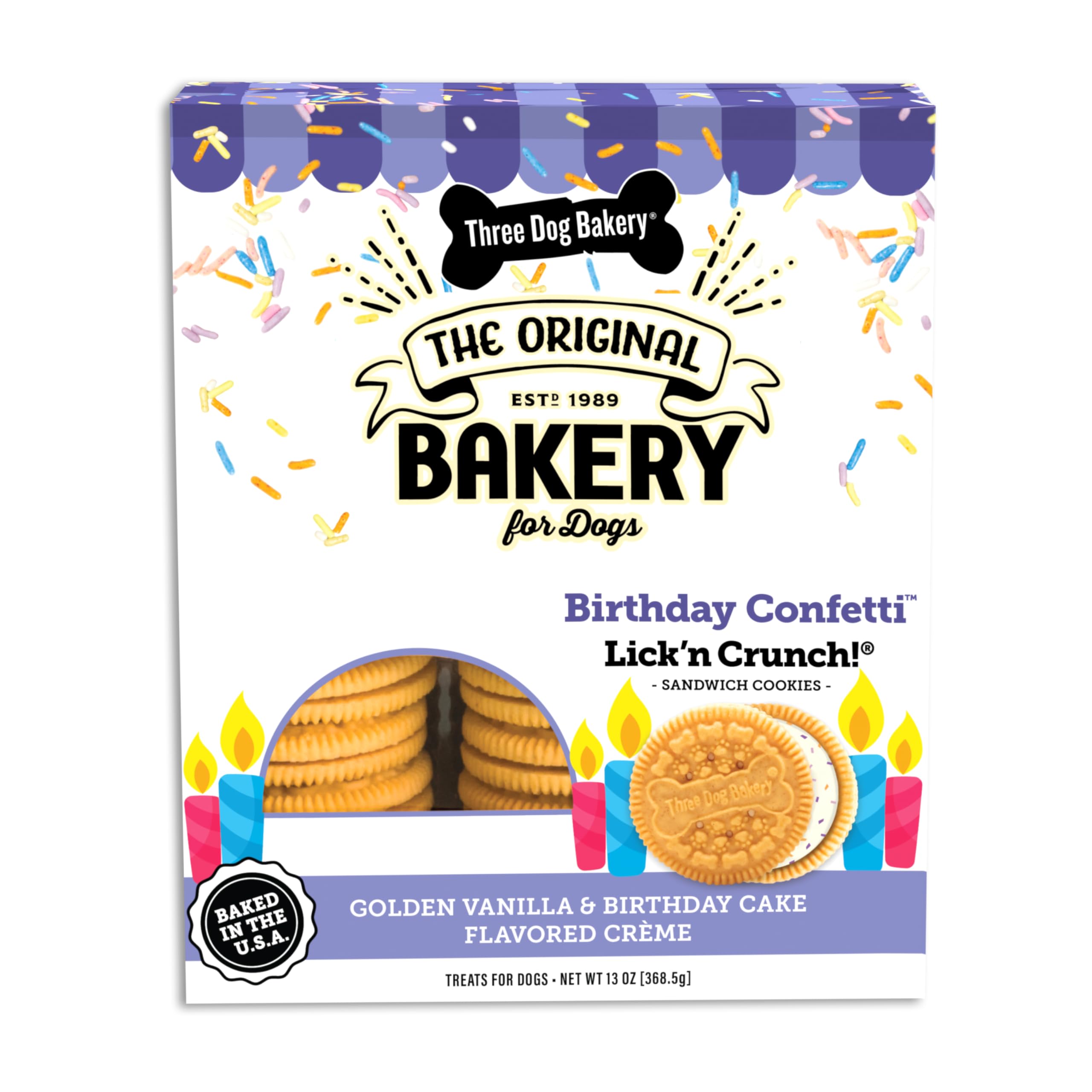 Three Dog Bakery Birthday Confetti Lickn Crunch! - Dog Friendly Birthday Cookies, Cake-Flavored Dog Treats, Celebratory Cookie f