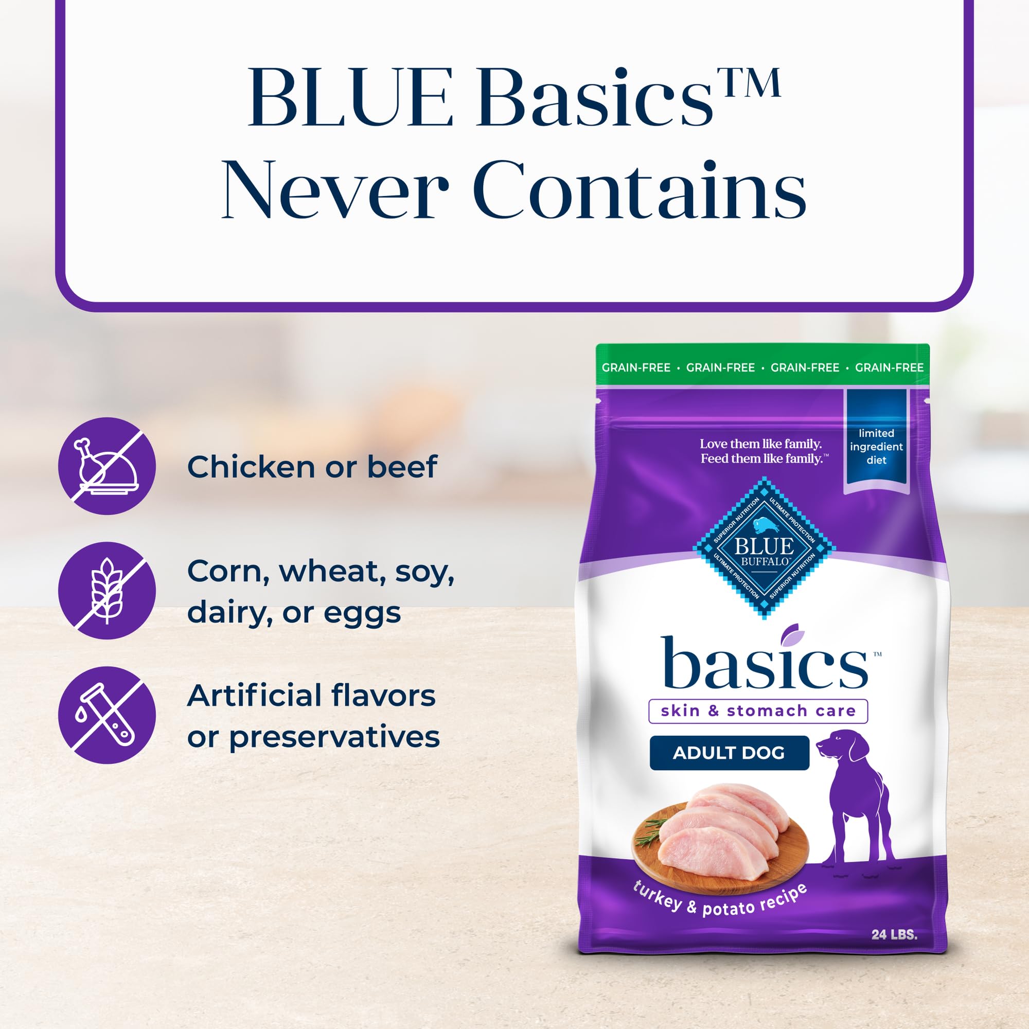 Blue Buffalo Basics Grain-Free Adult Dry Dog Food, Skin & Stomach Care, Limited Ingredient Diet for Dogs, Turkey Recipe, 24-lb.
