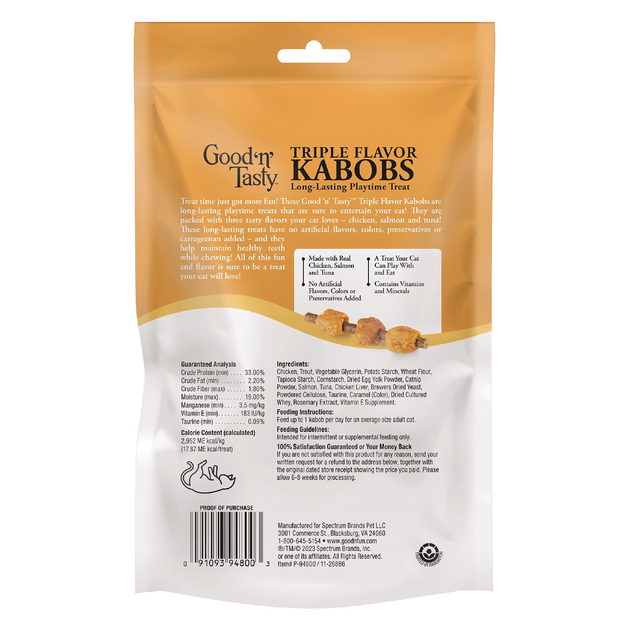 Good n Tasty Triple Flavor Kabobs Cat Treat, 3 Ounce, Long-Lasting Playtime Treat for Cats Made with Real Chicken, Salmon & Tuna