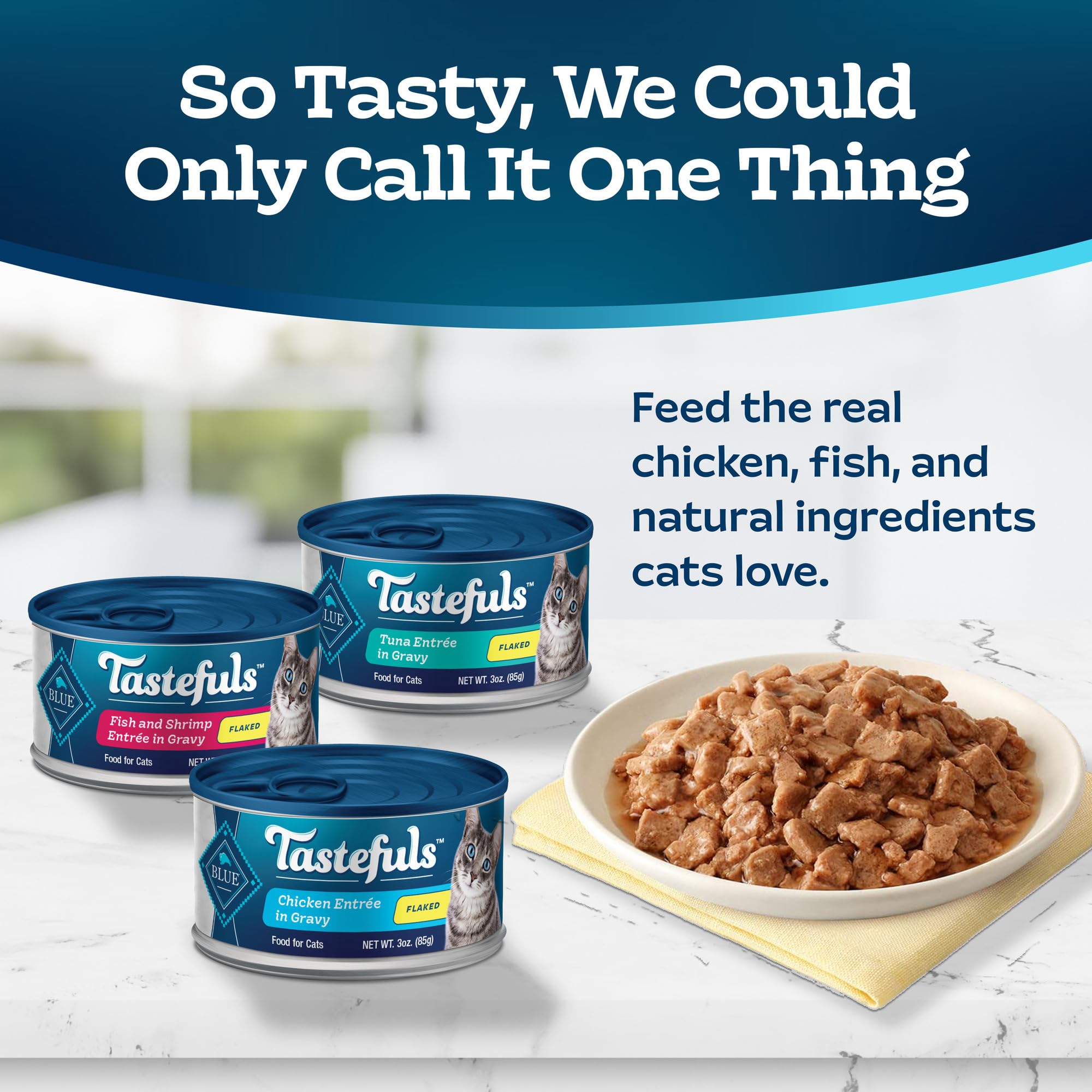 Blue Buffalo Tastefuls Natural Flaked Wet Cat Food Variety Pack, Tuna, Chicken and Fish & Shrimp Entr  es in Gravy 3-oz Cans (24