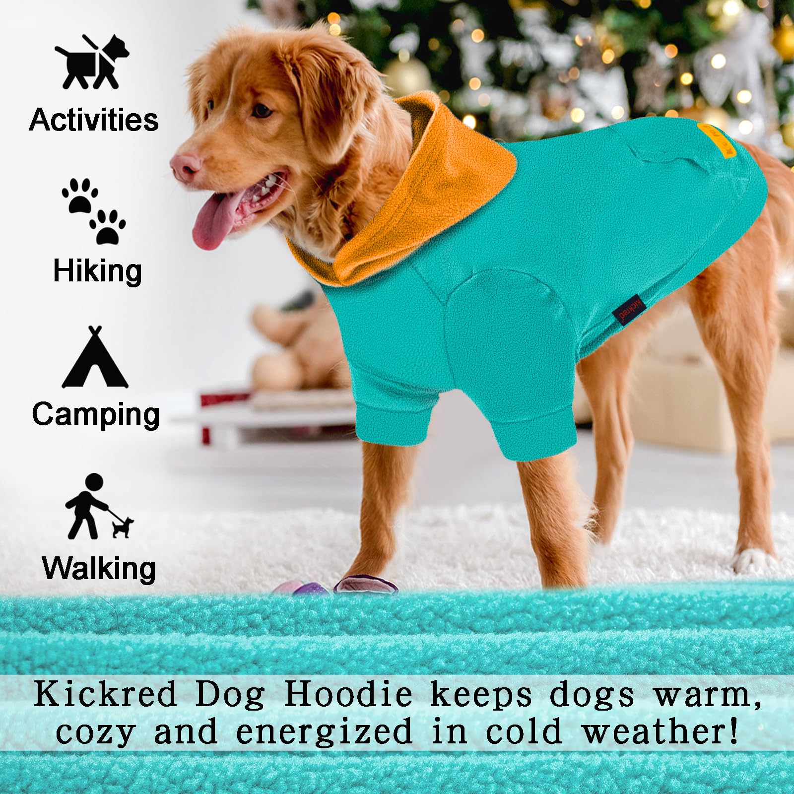 Kickred Dog Hoodie, Warm Velvet Sweatshirt for Medium Dogs, Green & Orange Color Blocking, with Hat and Leash Hole
