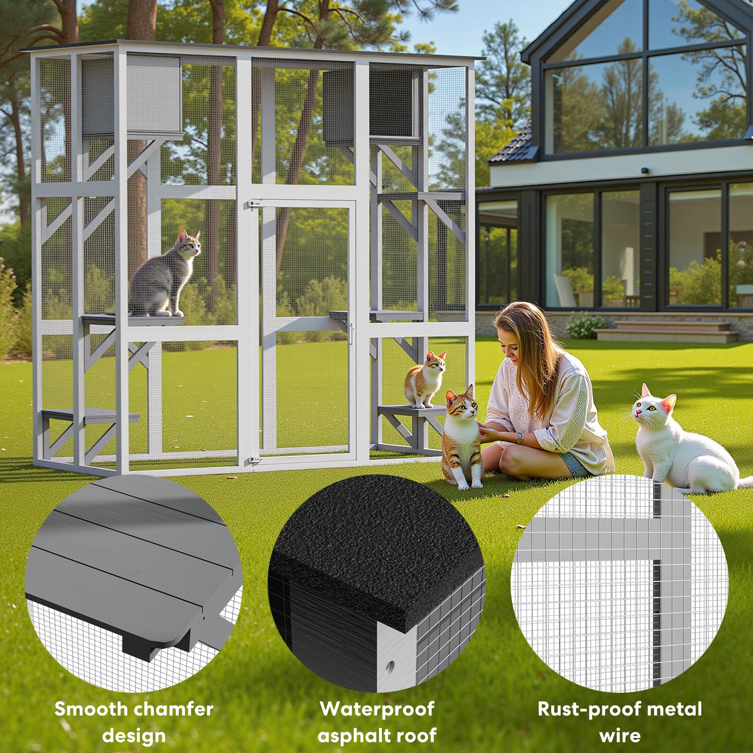 Miscoos Outdoor Wooden Cat Catio - Large Solid Wood Cat Cage Playpen With 8 Jumping Platforms & 2 Napping Houses, Walk-In Cat Ke