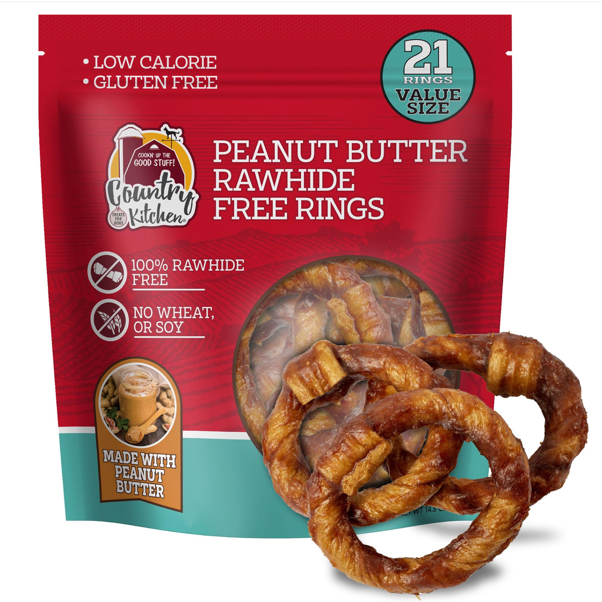 Country Kitchen Peanut Butter Rawhide Free Rings Dog Chews, 21 Count