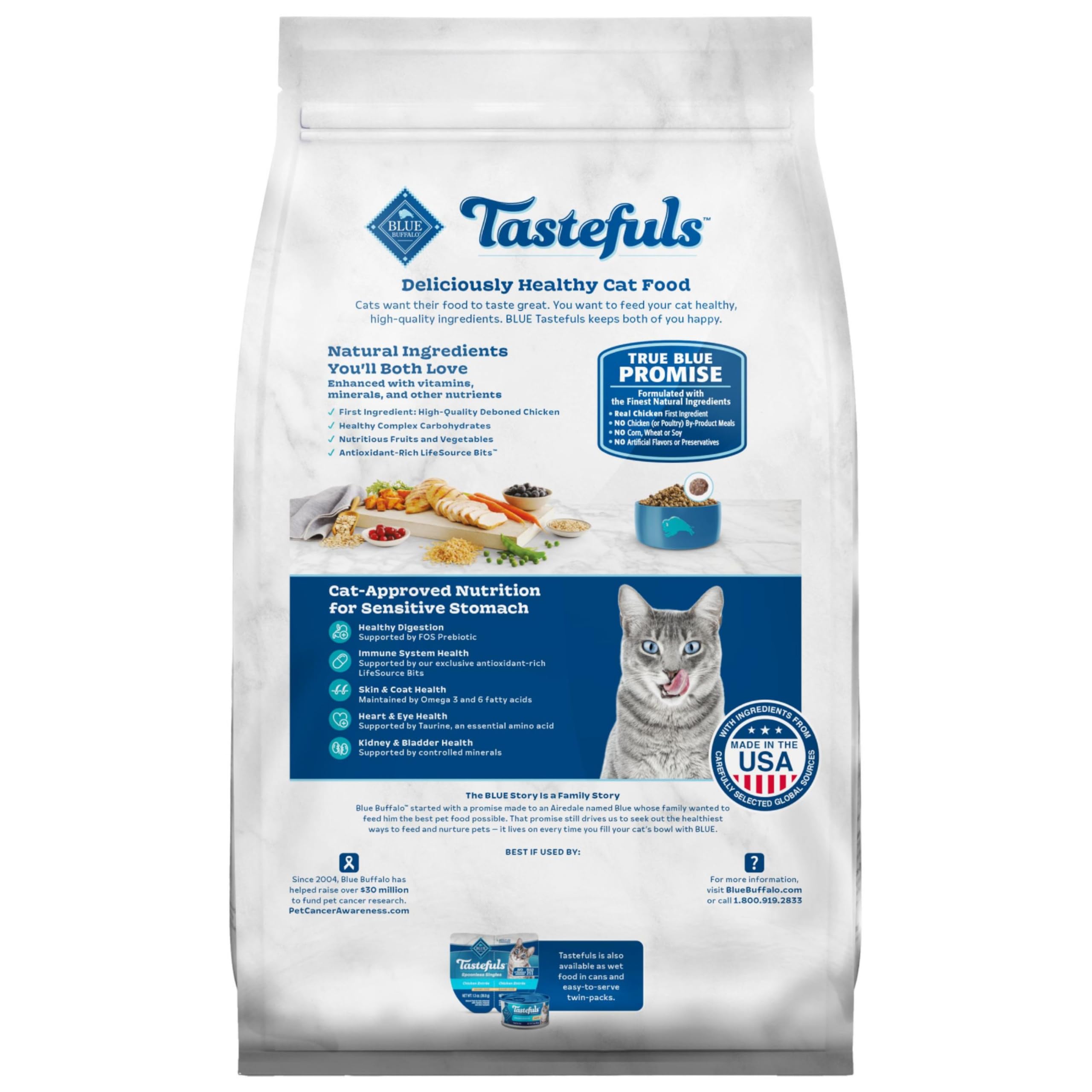 Blue Buffalo Tastefuls Natural Dry Food for Adult Cats, Sensitive Stomach, Chicken & Brown Rice Recipe, 3-lb. Bag
