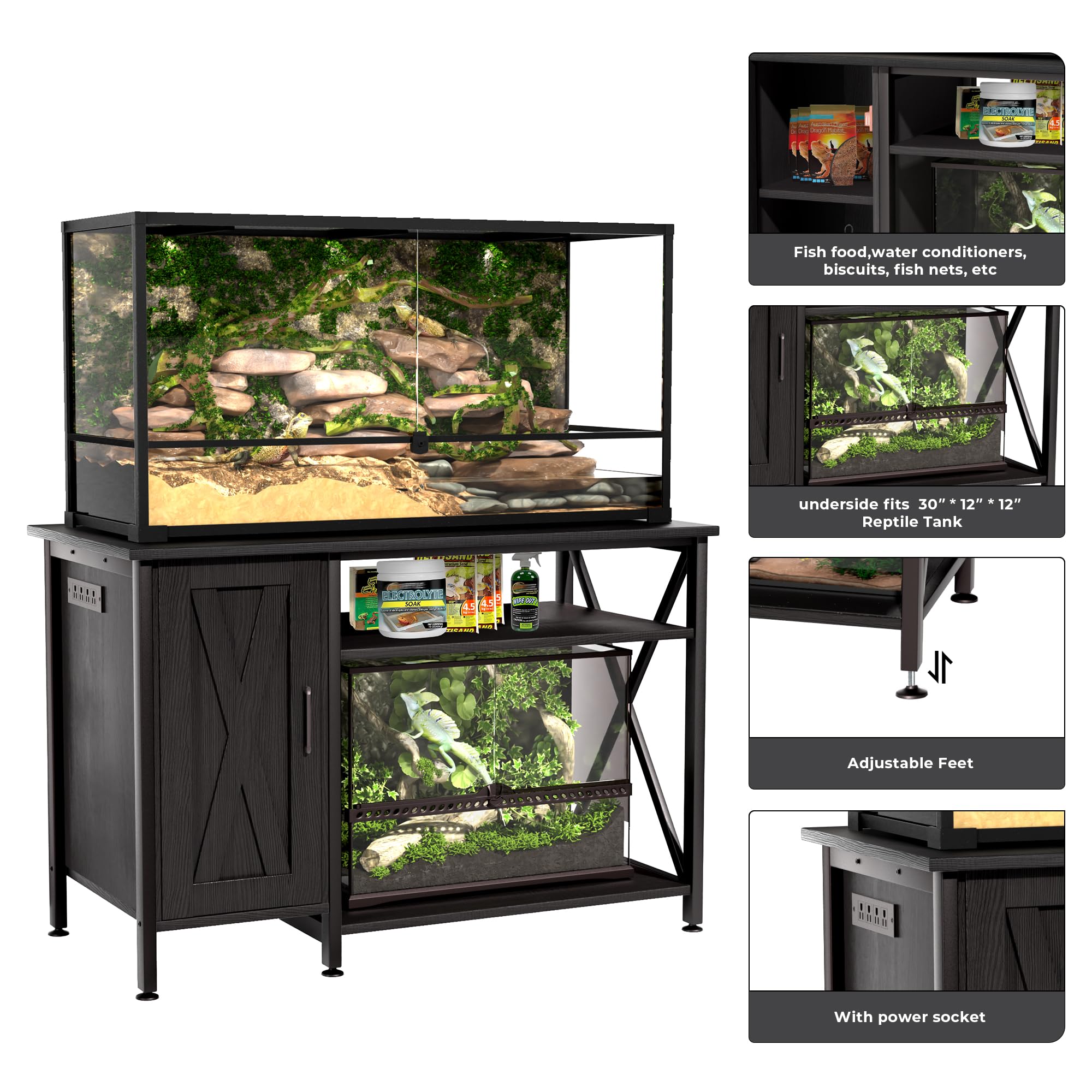 Herture Reptile Tank Stand with Power Outlet, 48"x24", 40-120 Gallon, Black, Model PG08XYB, Wood Terrarium Storage Cabinet
