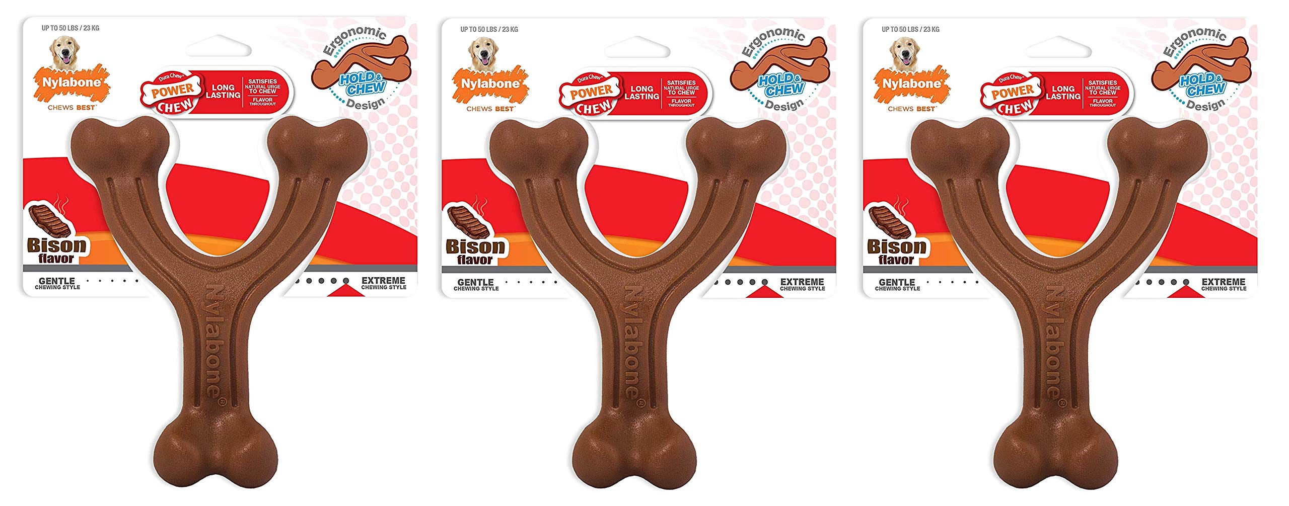 Nylabone 3 Pack Of Power Chew Wishbone Chew Dog Toys, Giant, Bison Flavor