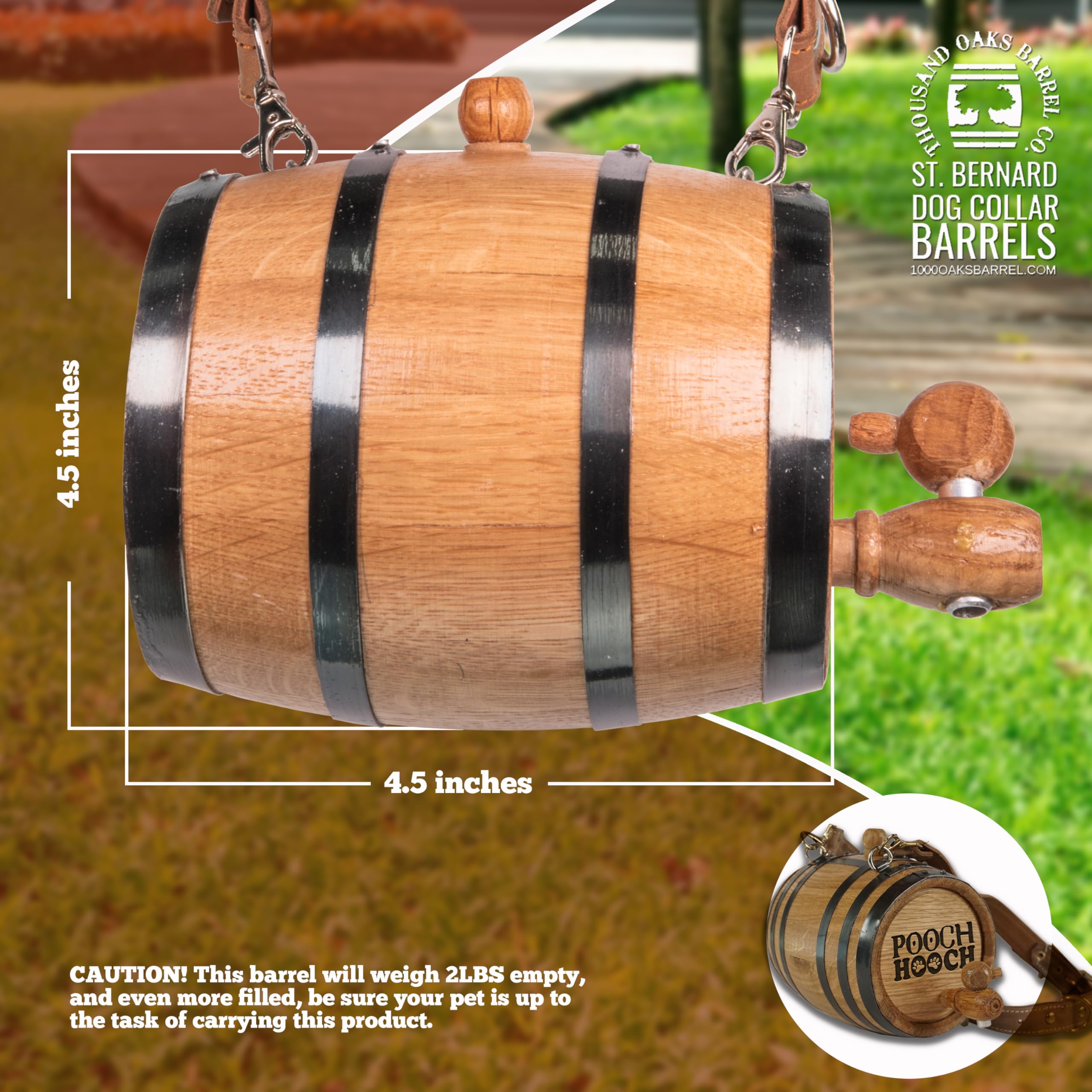 St Bernard Whiskey Barrel Collar For Dog, 'Pooch Hooch' W/ Paws Design - 1/2 Liter Oak Aging Barrel Dispenser For Saint Bernard