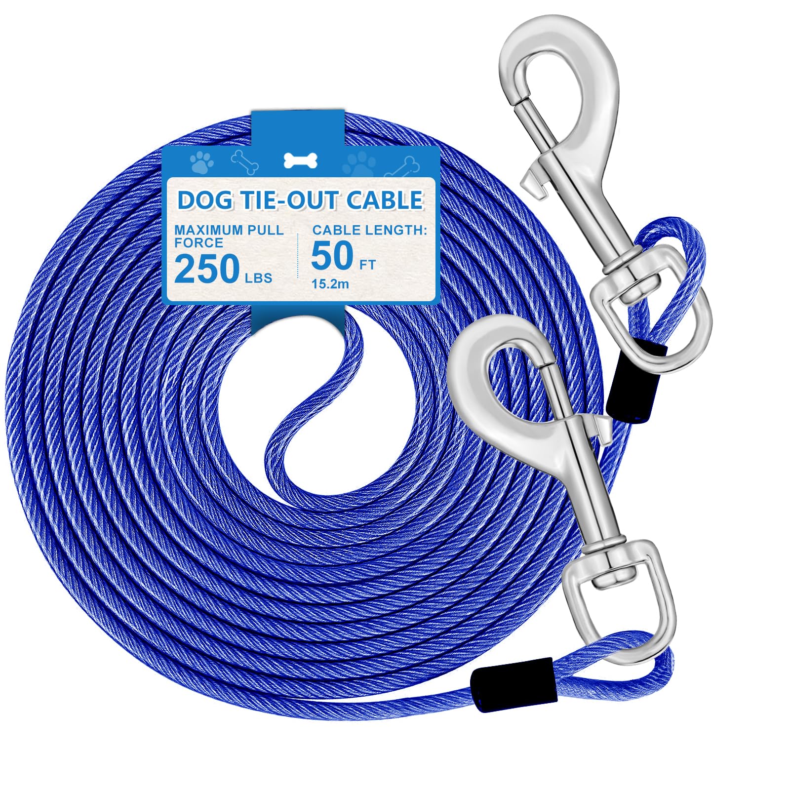 50Ft Tie Out Cable For Dogs Up To 250 Pounds, Heavy Duty Lead For Large Dogs, Runner For Yard Outdoor And Camping, Blue