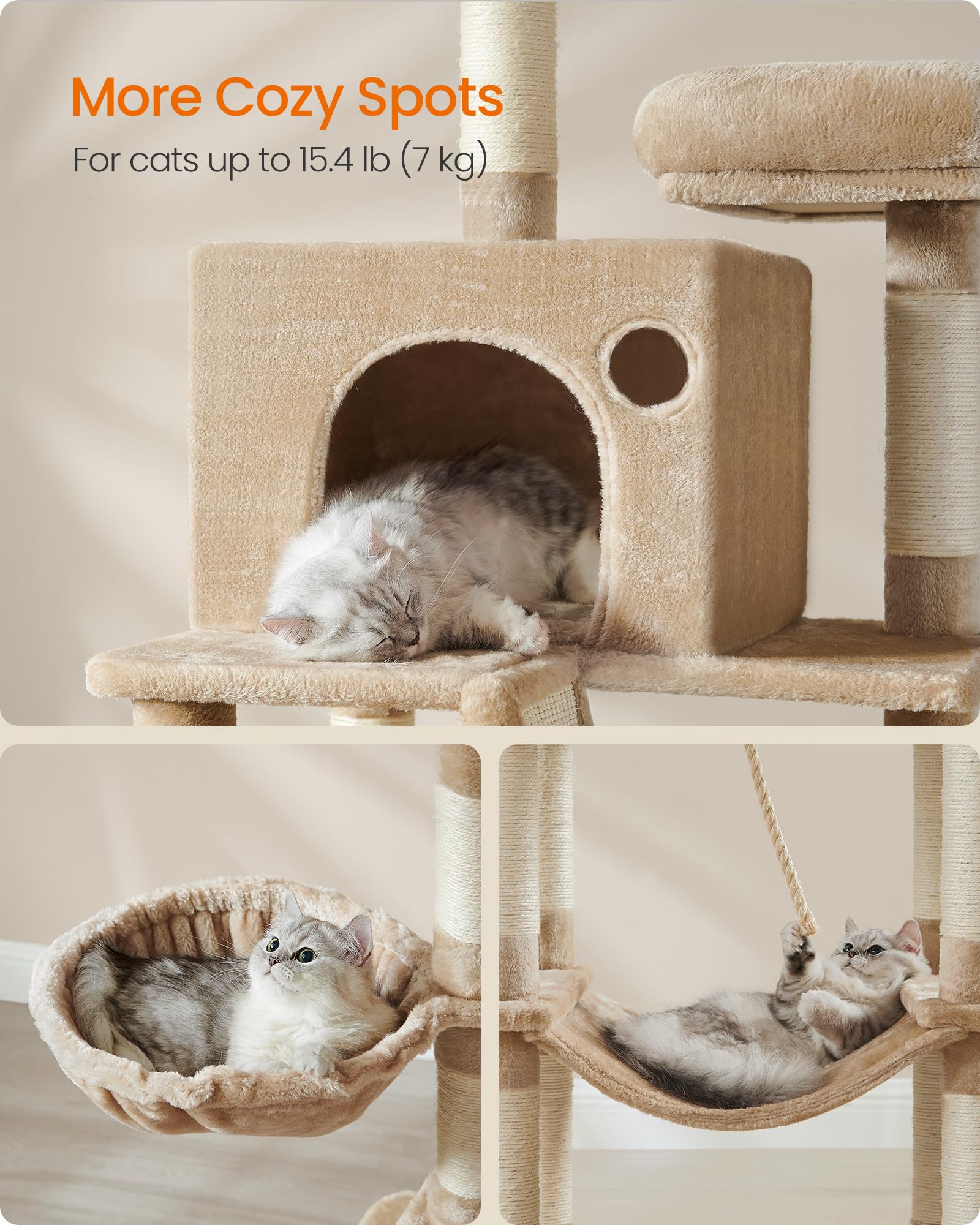 Feandrea Cat Tree, 81.1-Inch Large Cat Tower With 13 Scratching Posts, 2 Perches, 2 Caves, Basket, Hammock, Pompoms, Multi-Level