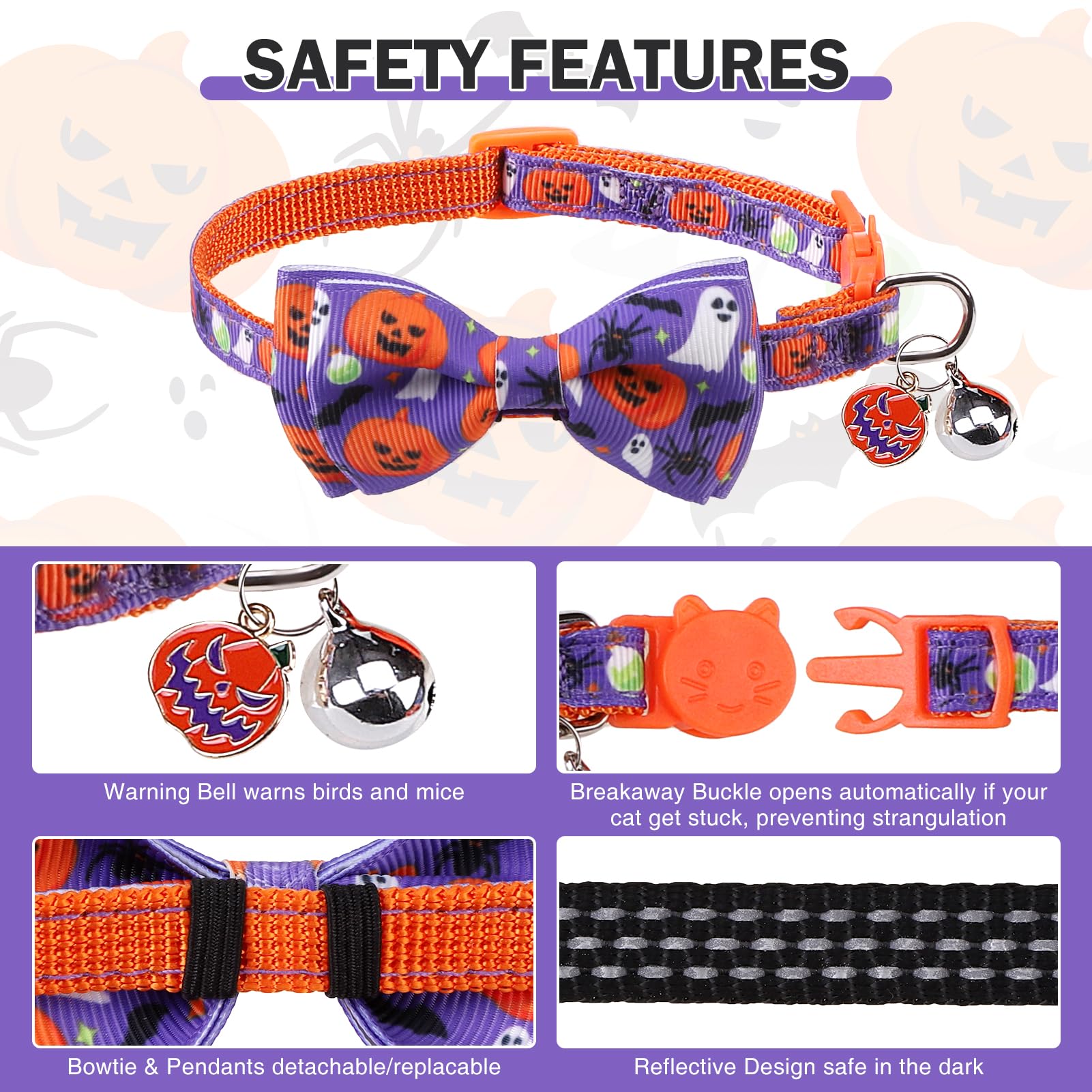 Dillybud Halloween Cat Collar Cat Collar Breakaway With Bell, 2 Pack Safety Adjustable Cat Collars With Pendant, Reflective Cat