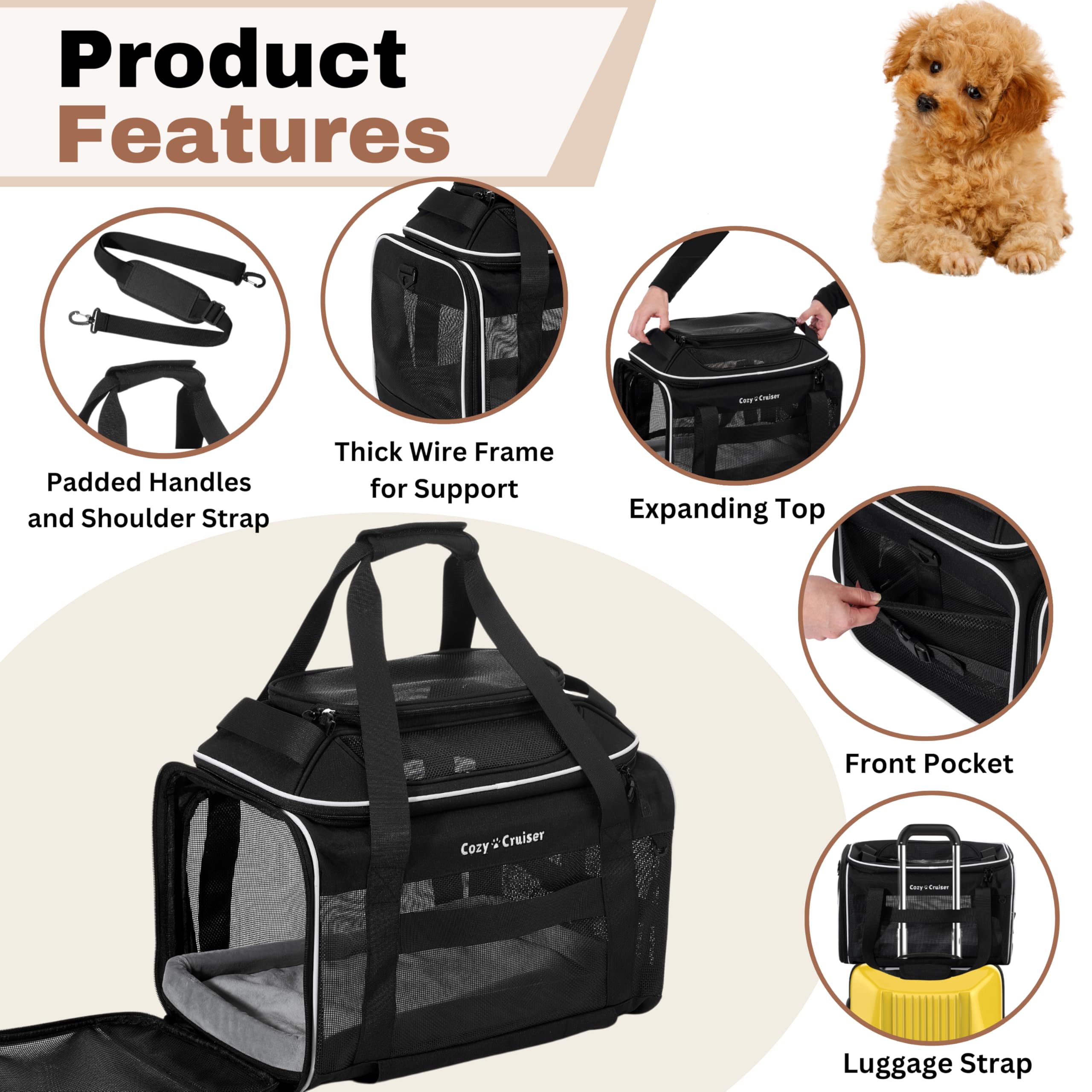 Cozy Cruiser Airline Approved Top-Expanding Pet Carrier on Wheels- Extra Spacious Soft Lined Carrier! 18x11x11 (Original Mesh Si