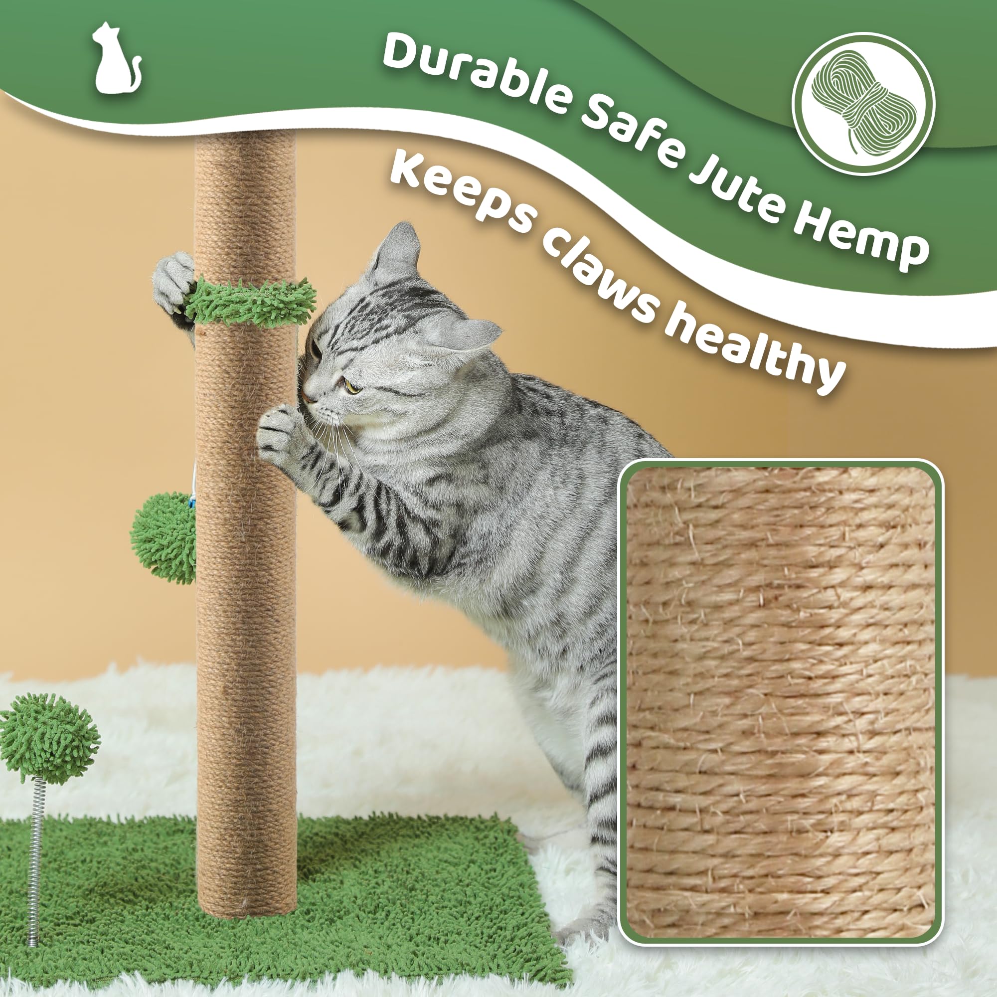 34'' Cat Scratching Post For Average Cats, Green Palm Cat Tree, Cat Scratcher For Indoor Cats With Hanging Toy Balls For Large C