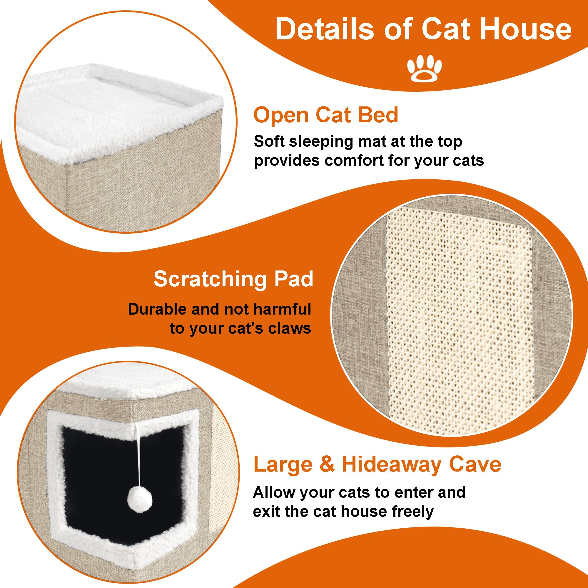 Loyareal Cat Houses for Indoor Cats - Large Cat Bed Cave with Scratch Pad and Fluffy Ball, Foldable Cat Condo Hideaway with Reve