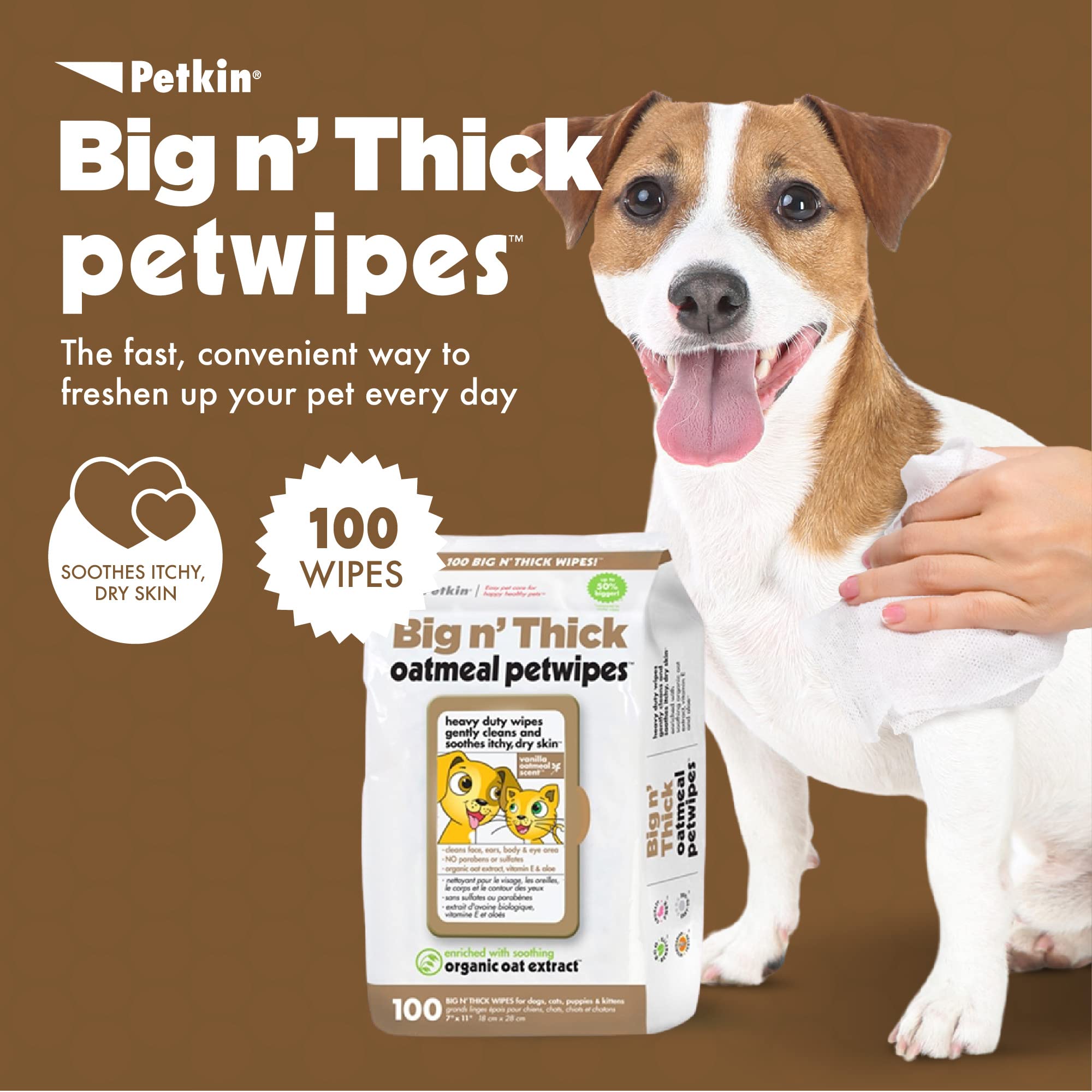 Petkin Pet Wipes for Dogs and Cats, 100 Wipes (Large) - Oatmeal Pet Wipes for Dogs and Cats - Soothes Itchy Dry Skin and Cleans
