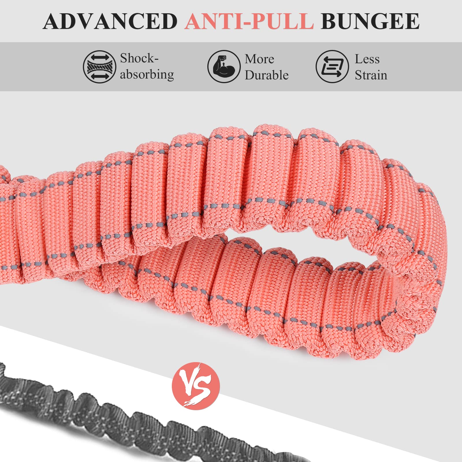 Vivaglory Hands-Free Dog Leash, Shock-Absorbing Bungee, Adjustable Waist (32½"~58"), Reflective, Pink/Grey
