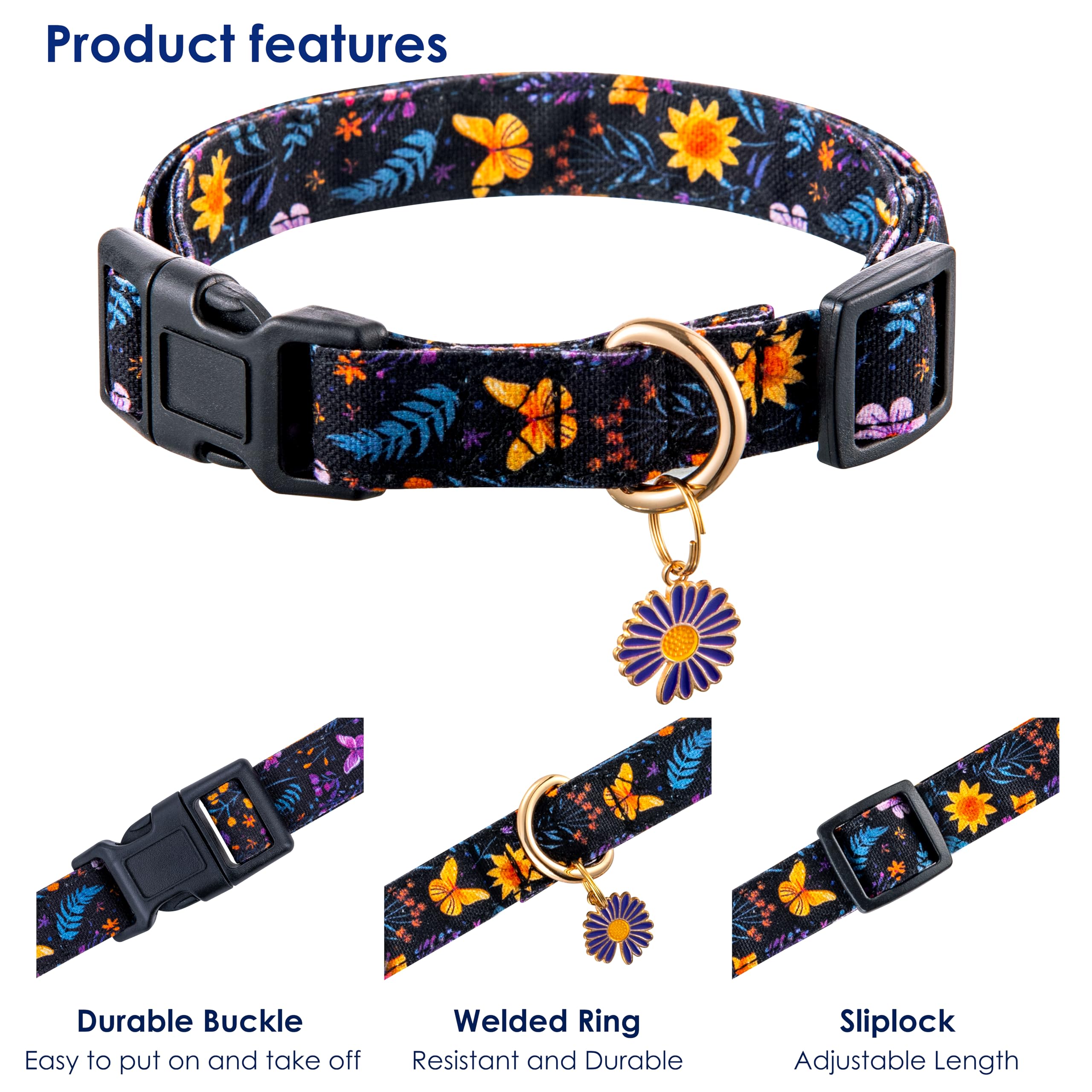 Raisingwell Cotton Dog Collar Purple Flower Pattern For Boys And Girls Cute Dog Collars Summer Fall Gift Adjustable For Medium T