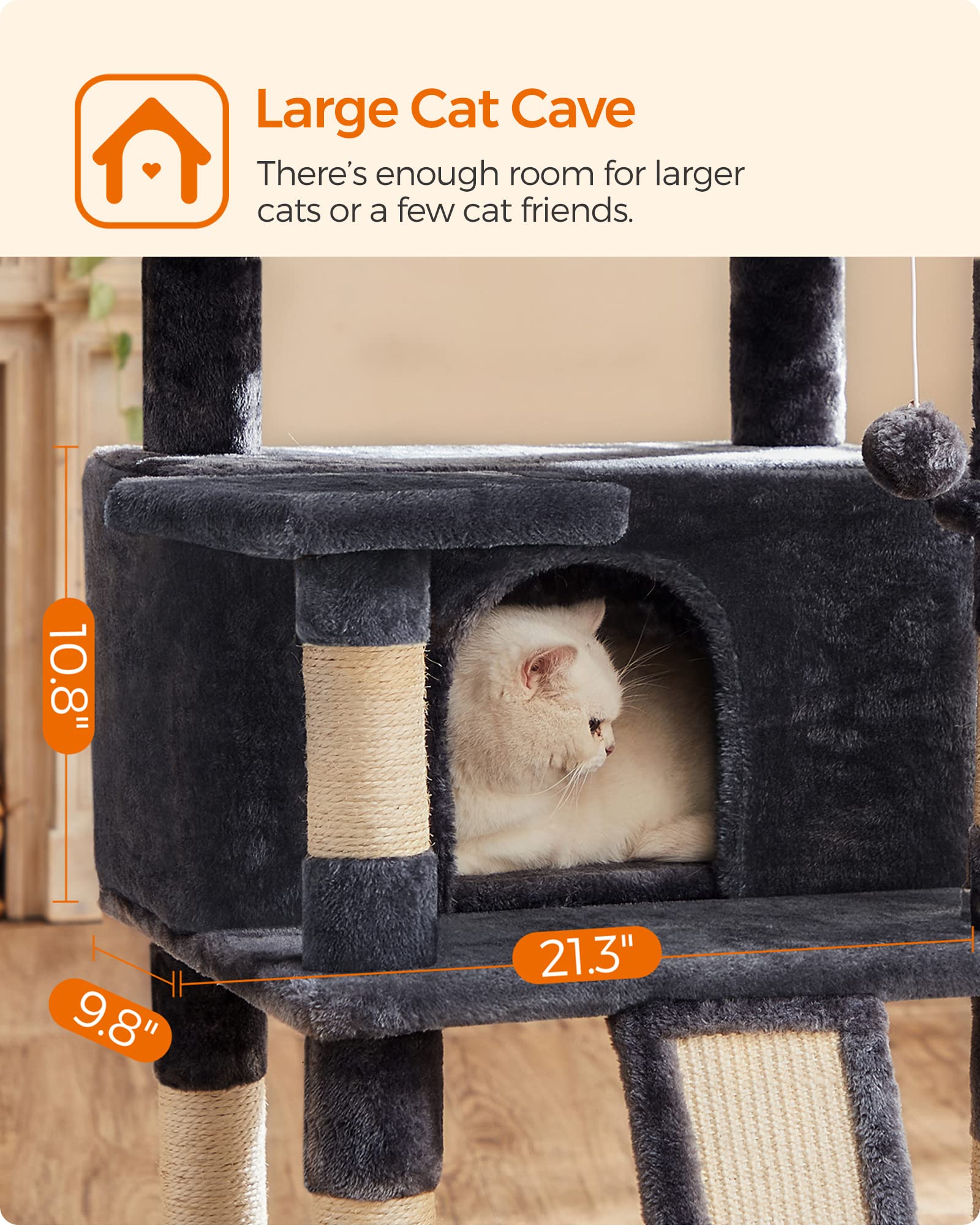 Feandrea Cat Tree, Large Cat Tower, Cat Condo With Scratching Posts, Board, 2 Caves, 3 Plush Perches, Activity Center, 66.5 Inch