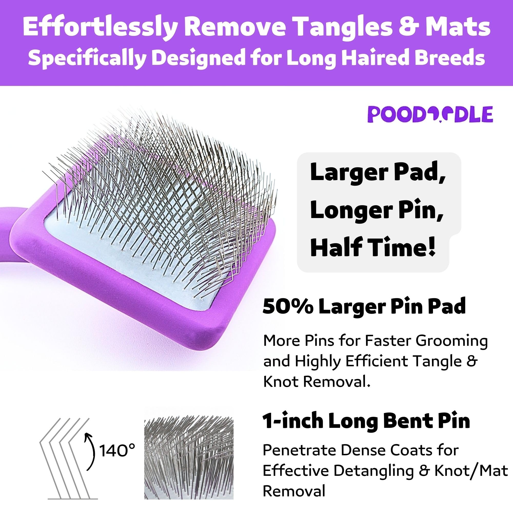 Poodoodle Dog Slicker Brush, Grooming Tool For Poodle, Doodle, Goldendoodle & All Long Haired Dogs, Long Pin Wood Brush Pefect F