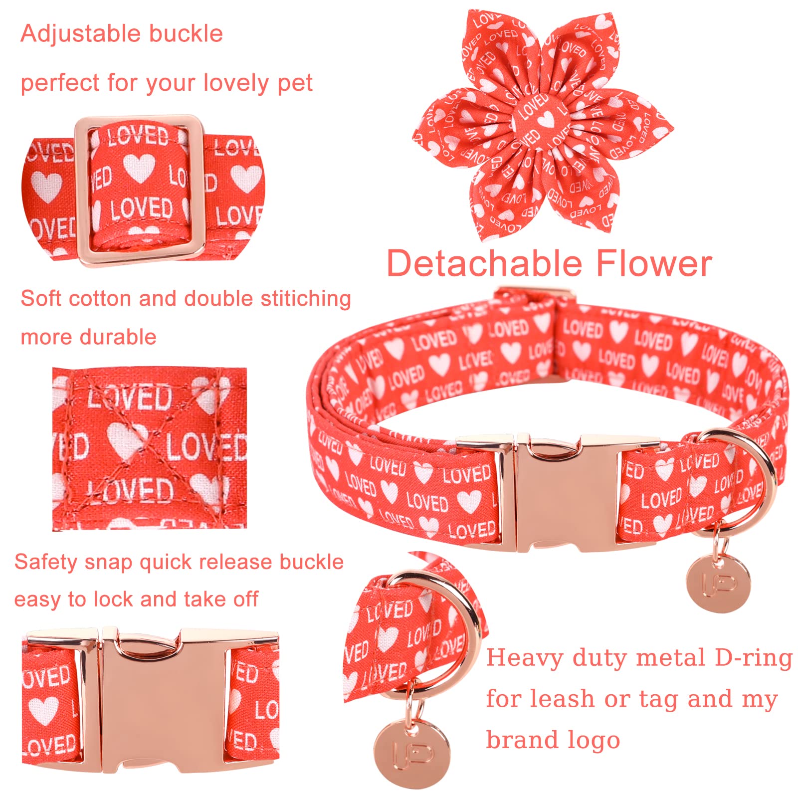 Up Urara Pup Valentine’S Day Dog Collar With Flower, Valentine Flower Collar With Metal Buckle, Valentine’S Day Gift Pet Collar For X-Large Girl Dog, Wedding Dog Collar, Red, Xl, Neck 16-26In