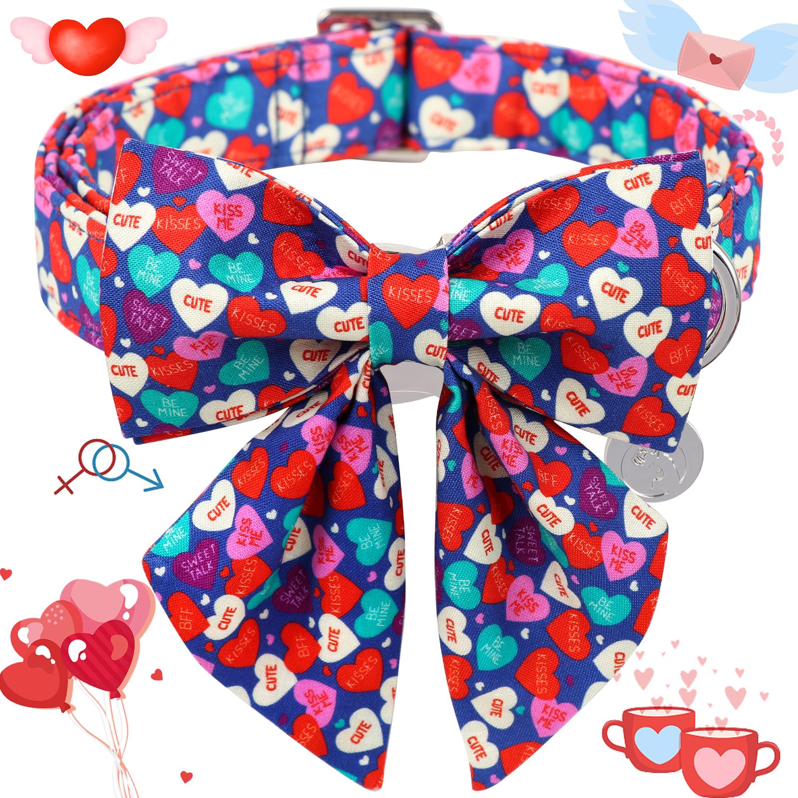 Dogwong Valentine'S Dog Collar With Saolor Bowtie, Blue Heart Bowtie Dog Collar, Adjustable Durable Pink Heart Dog Collar Cute D