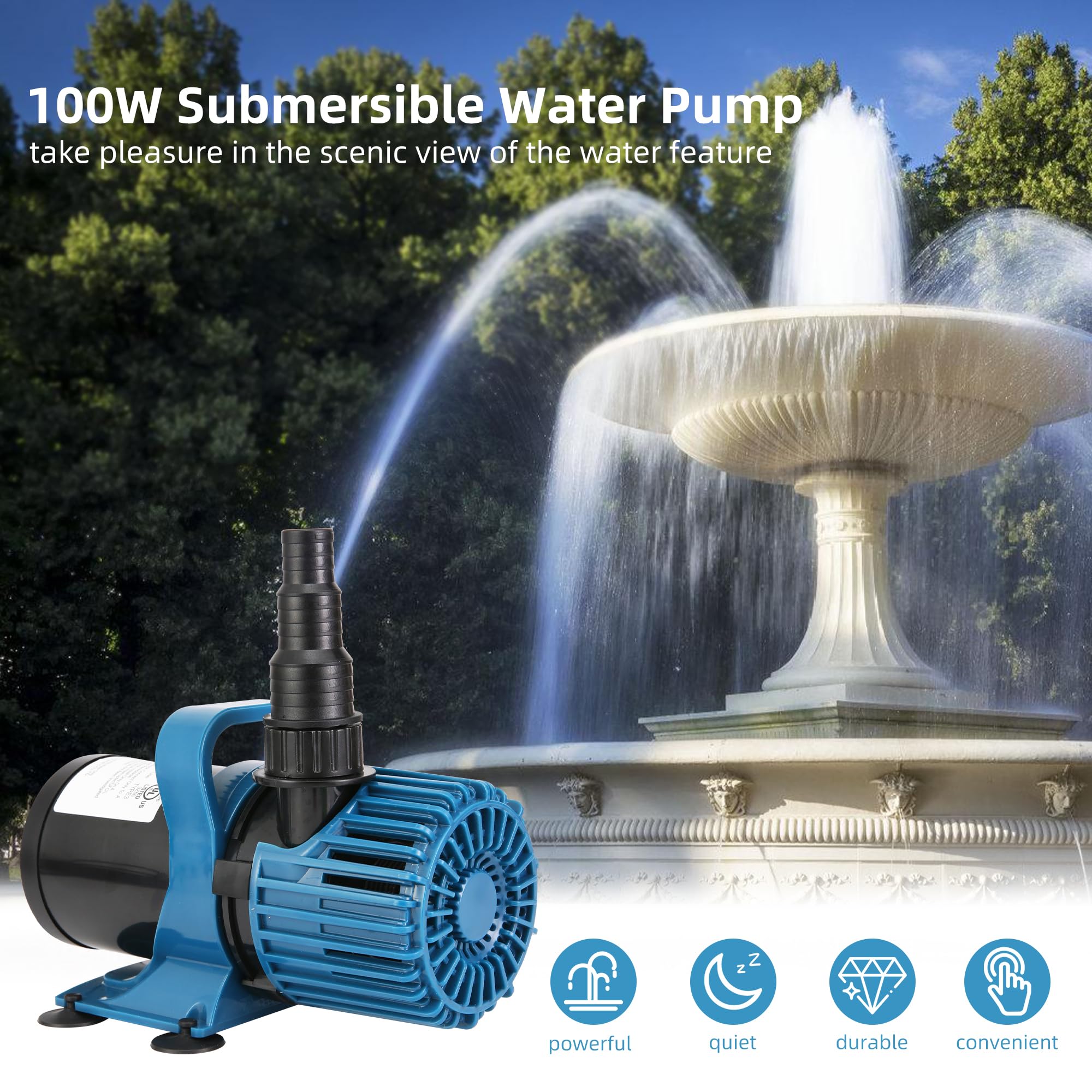 TONGCHANT 1600GPH 100W Outdoor Pond Pump for Koi Pond, Waterfall, Aquarium and Water Garden, Large Fountain Pump with 20ft Cord,