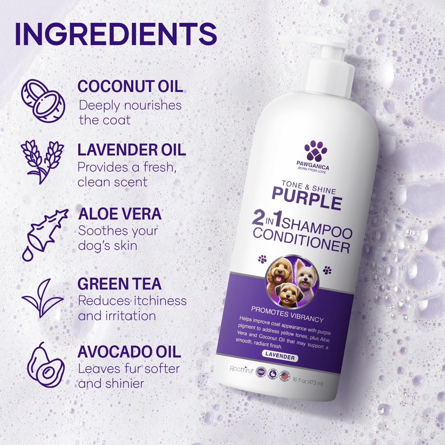 Pawganica 2-In-1 Purple Shampoo For Dogs, Supports Coat Whitening & Softness, Ph-Balanced, Fur Whitening Dog Shampoo And Conditi