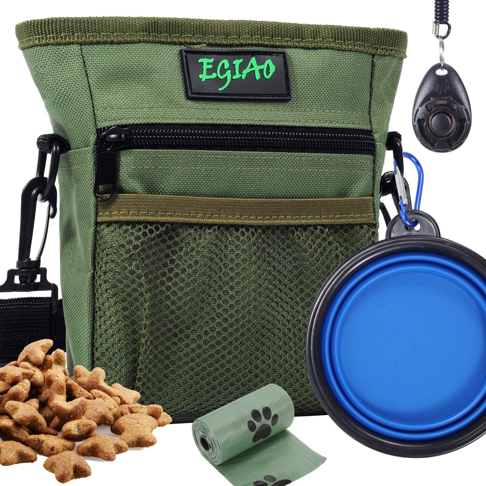 Dog Treat Pouch with Collapsible Dog Bowl, Training Clicker and Poop Bags, Treat Pouches for Pet Training, Magnetic Closure, Bui
