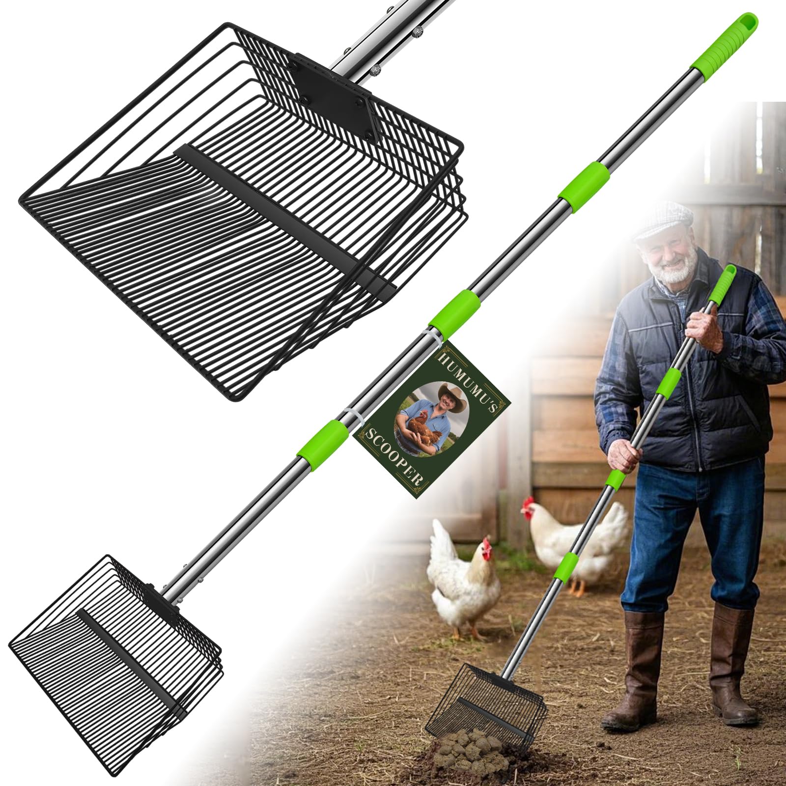 12inch Large Chicken Poop Scooper,2 Widths of Slots Litter Sifting Shovel (23 to 66),Chicken Coop Litter Scoop with Stainless St