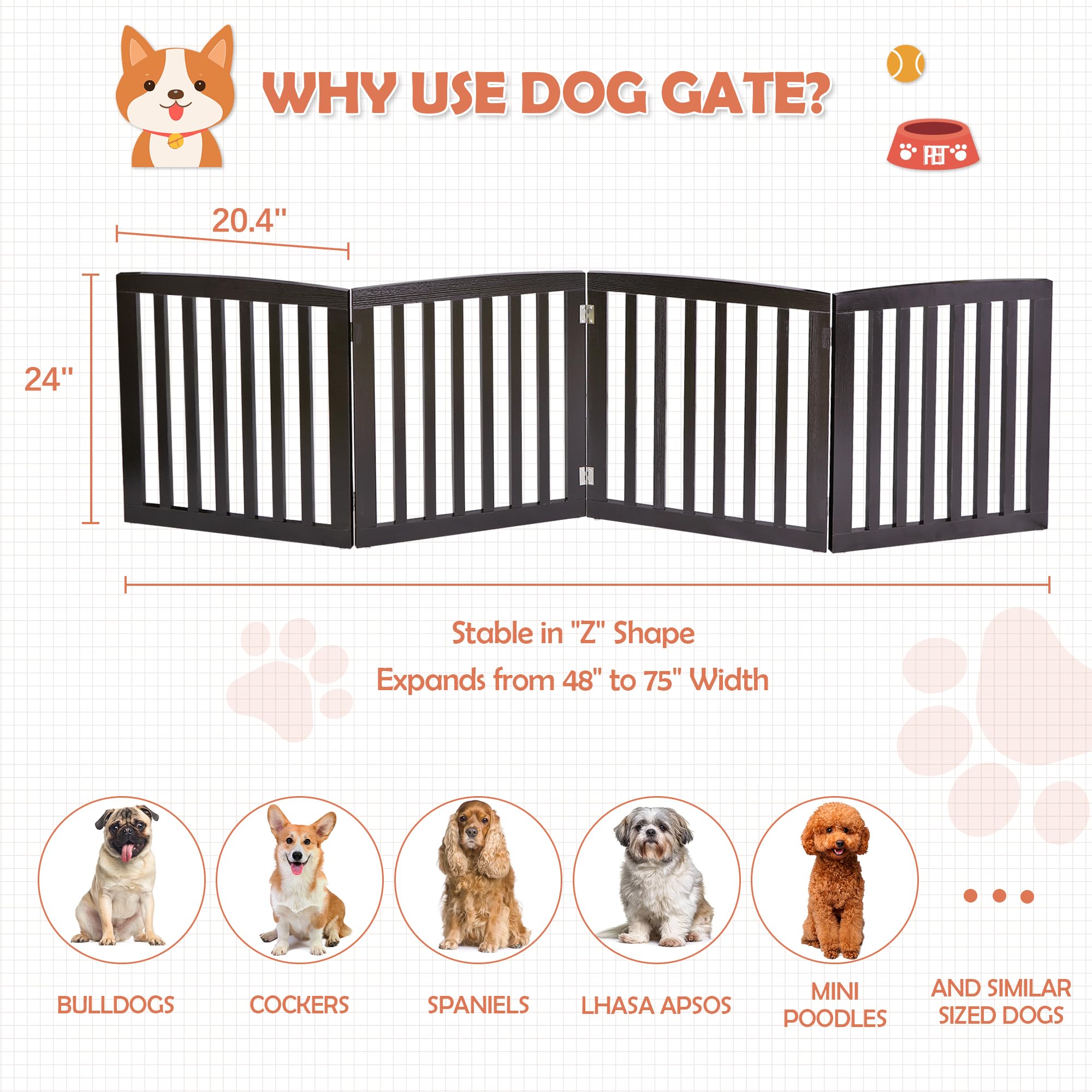 Pet Gate Dog Gate Indoor For Doorways Stairs 24 Inch Dog Fence Extra Wide 4 Panel Wooden